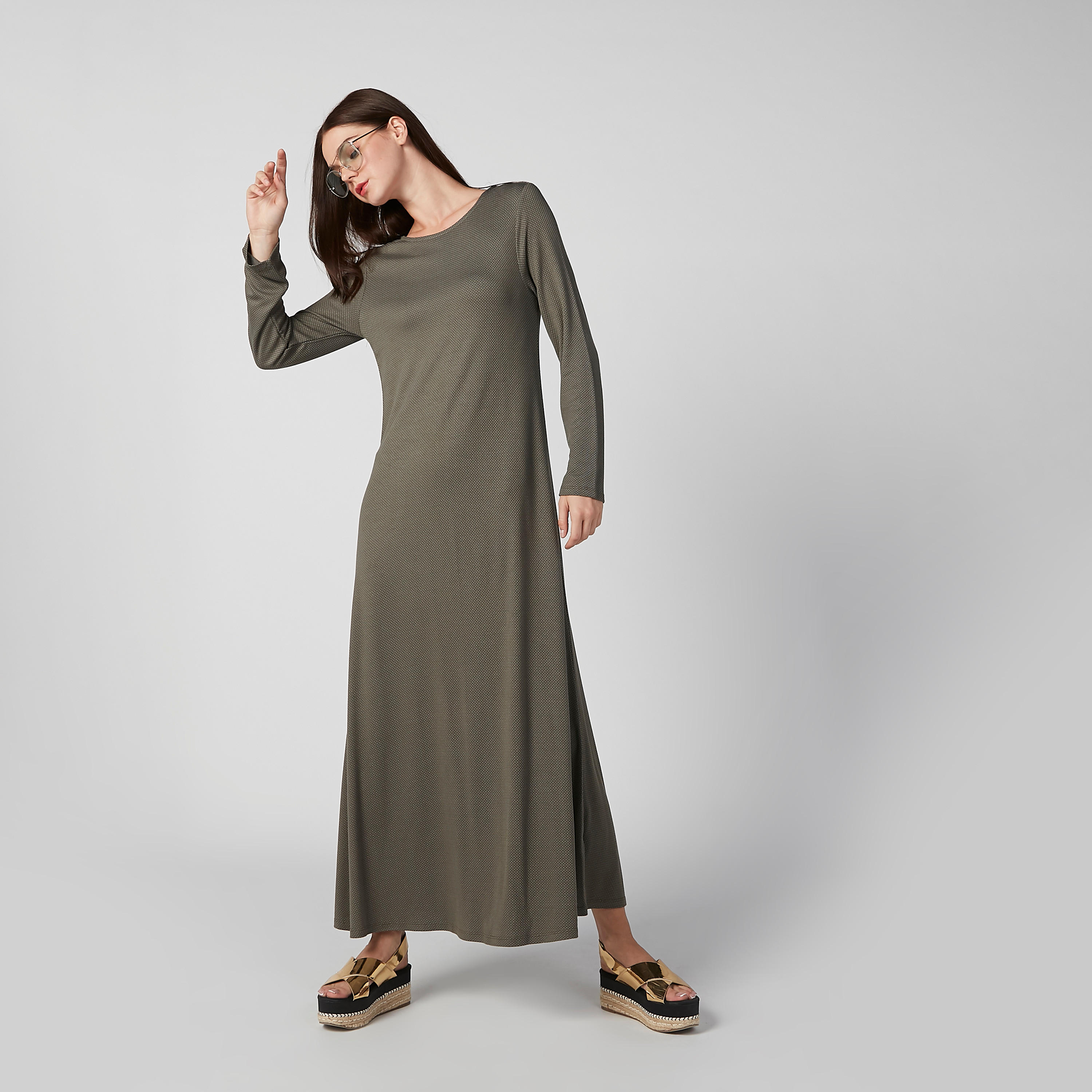 فستان إيه لاين مستدام طويل بارز الملمس بياقة مستديرة -women-clothing-dresses-image-2
