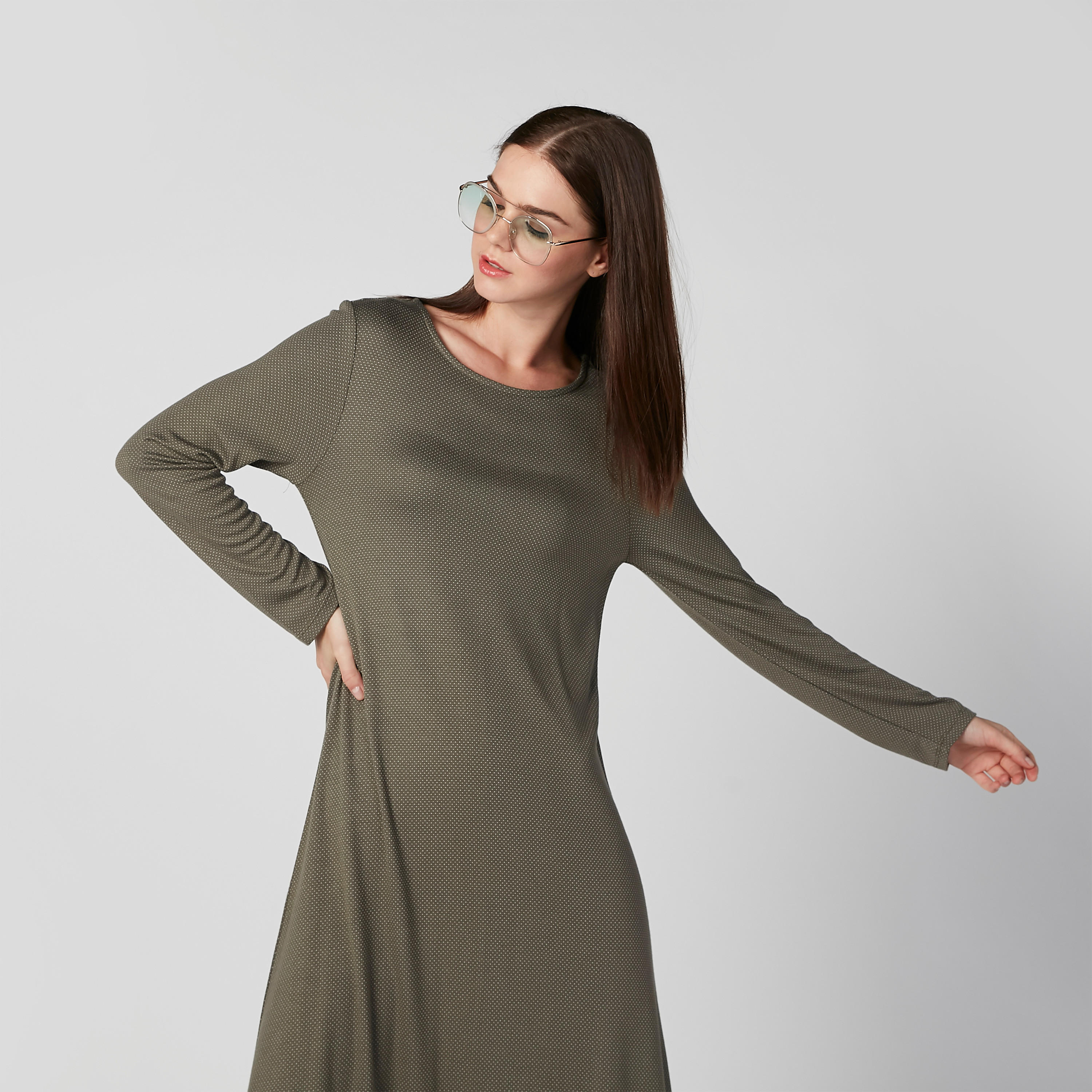 فستان إيه لاين مستدام طويل بارز الملمس بياقة مستديرة -women-clothing-dresses-image-3
