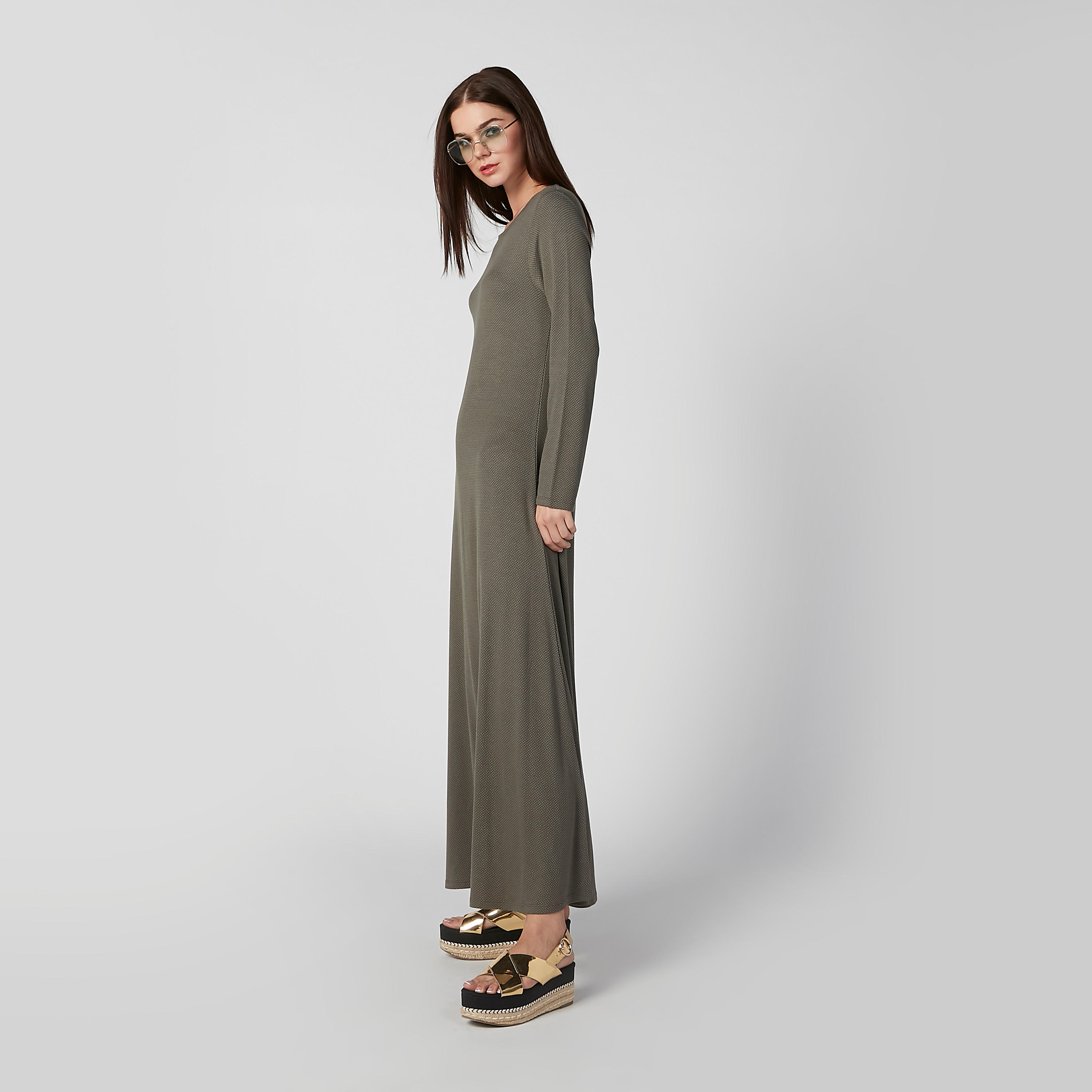 فستان إيه لاين مستدام طويل بارز الملمس بياقة مستديرة -women-clothing-dresses-image-4