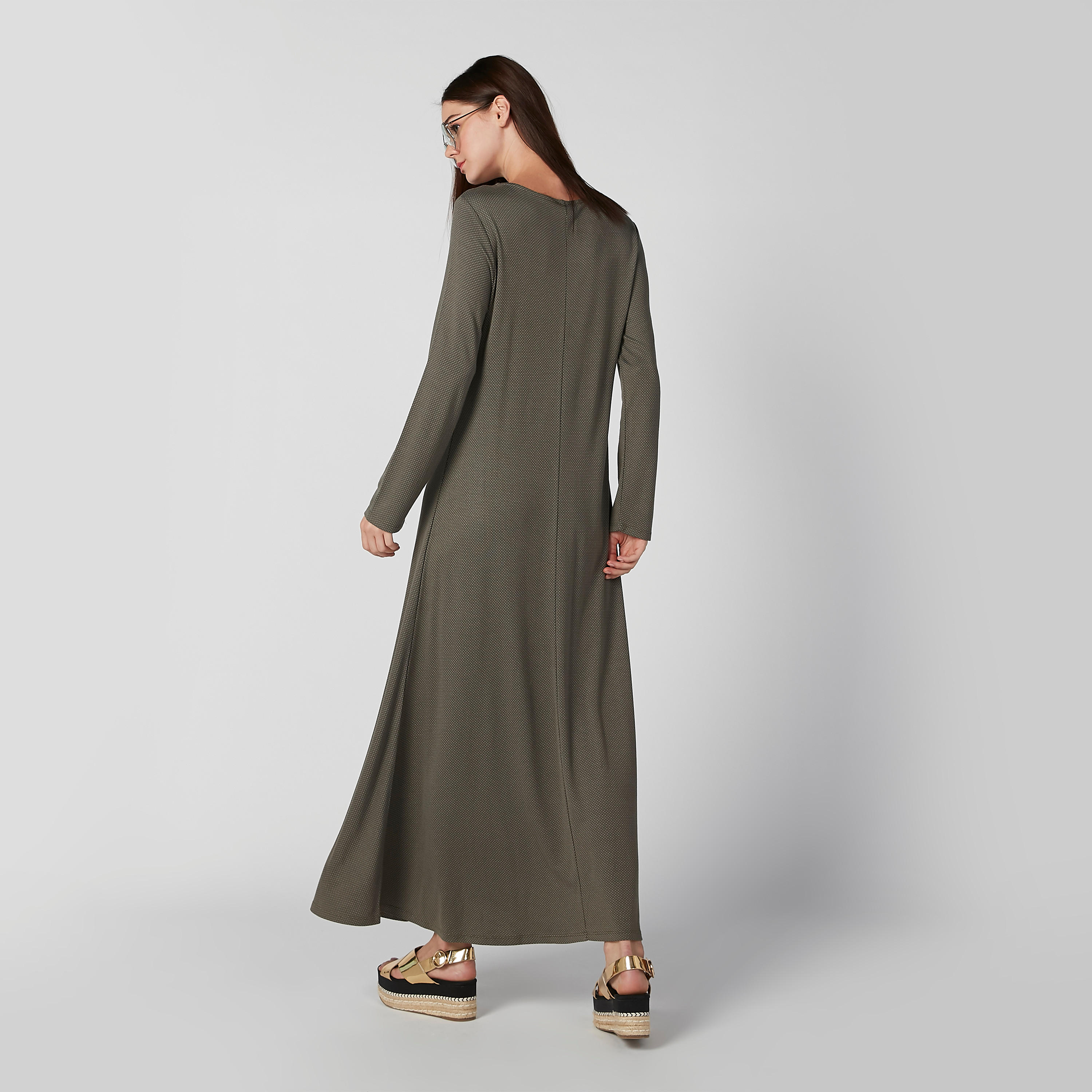 فستان إيه لاين مستدام طويل بارز الملمس بياقة مستديرة -women-clothing-dresses-image-5