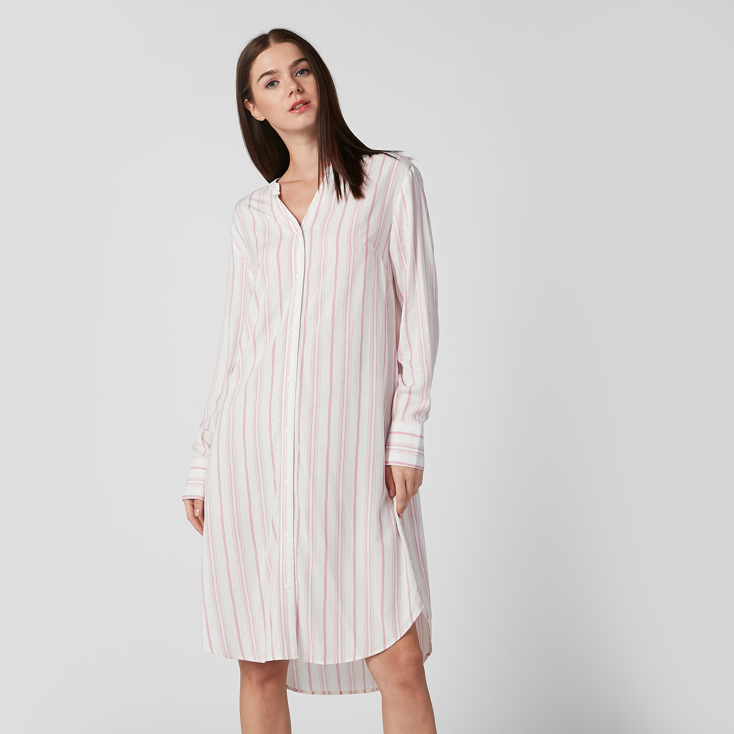 فستان قميص مقلّم متوسط الطول بأكمام طويلة وأزرار-women-clothing-dresses-image-1