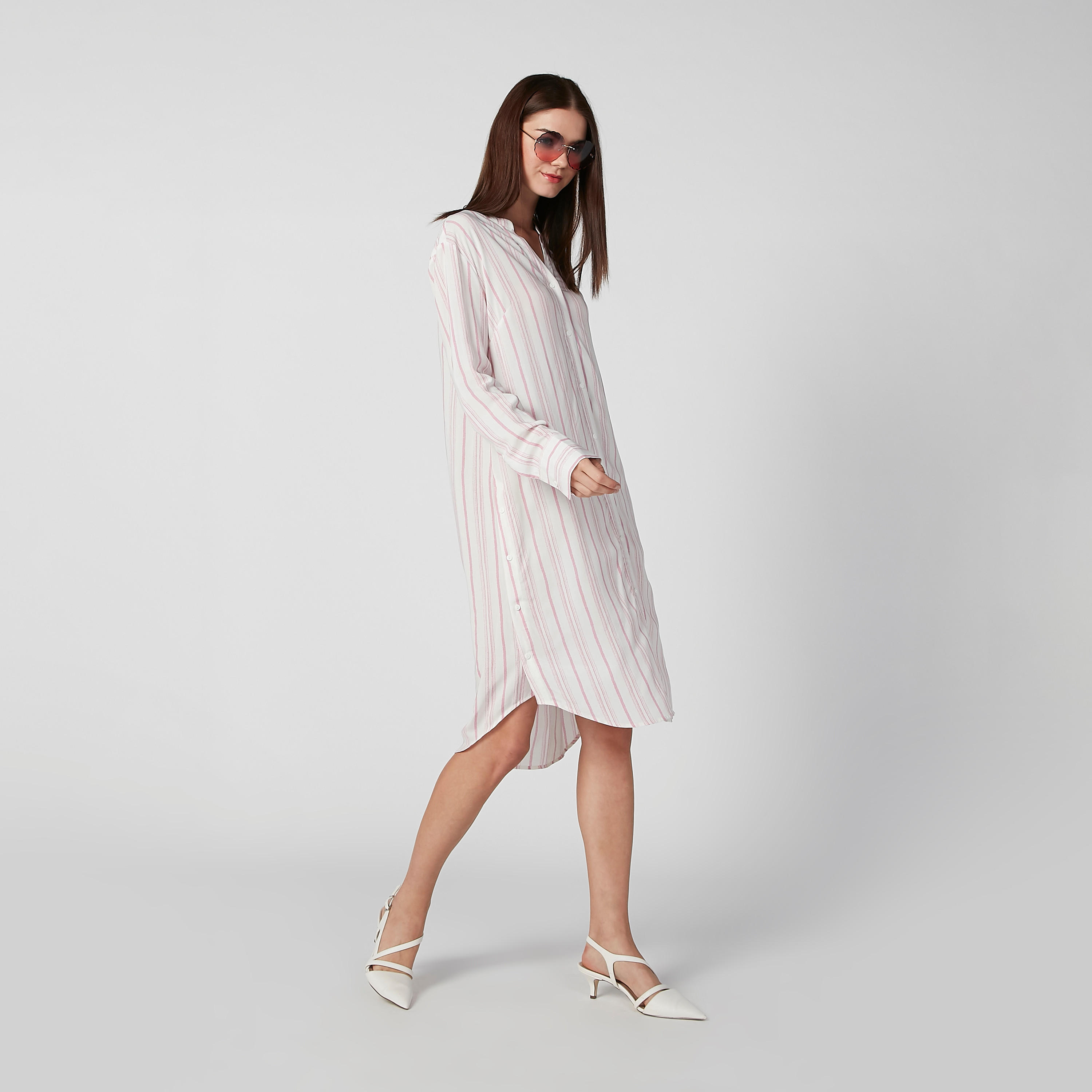 فستان قميص مقلّم متوسط الطول بأكمام طويلة وأزرار-women-clothing-dresses-image-2