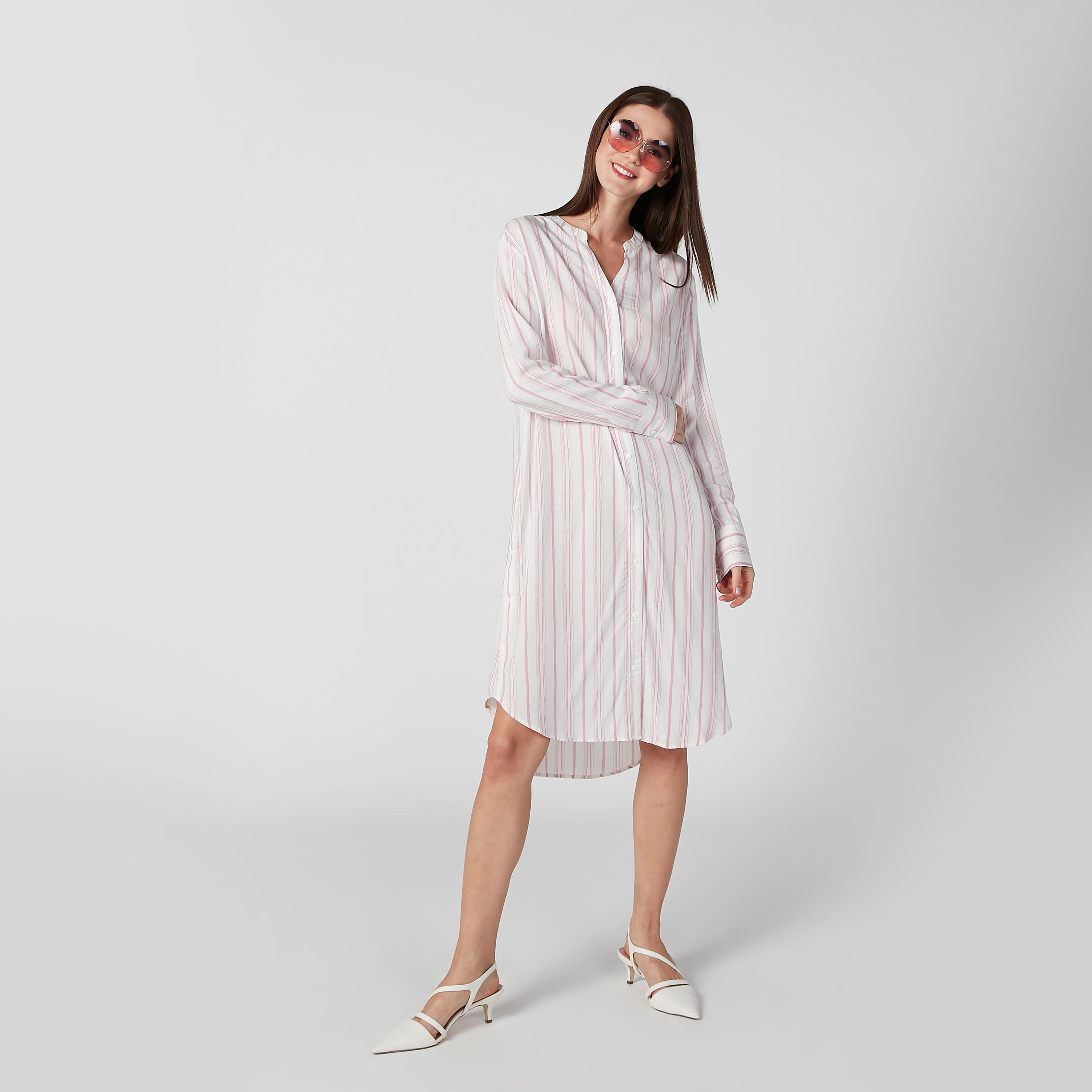 فستان قميص مقلّم متوسط الطول بأكمام طويلة وأزرار-women-clothing-dresses-image-6