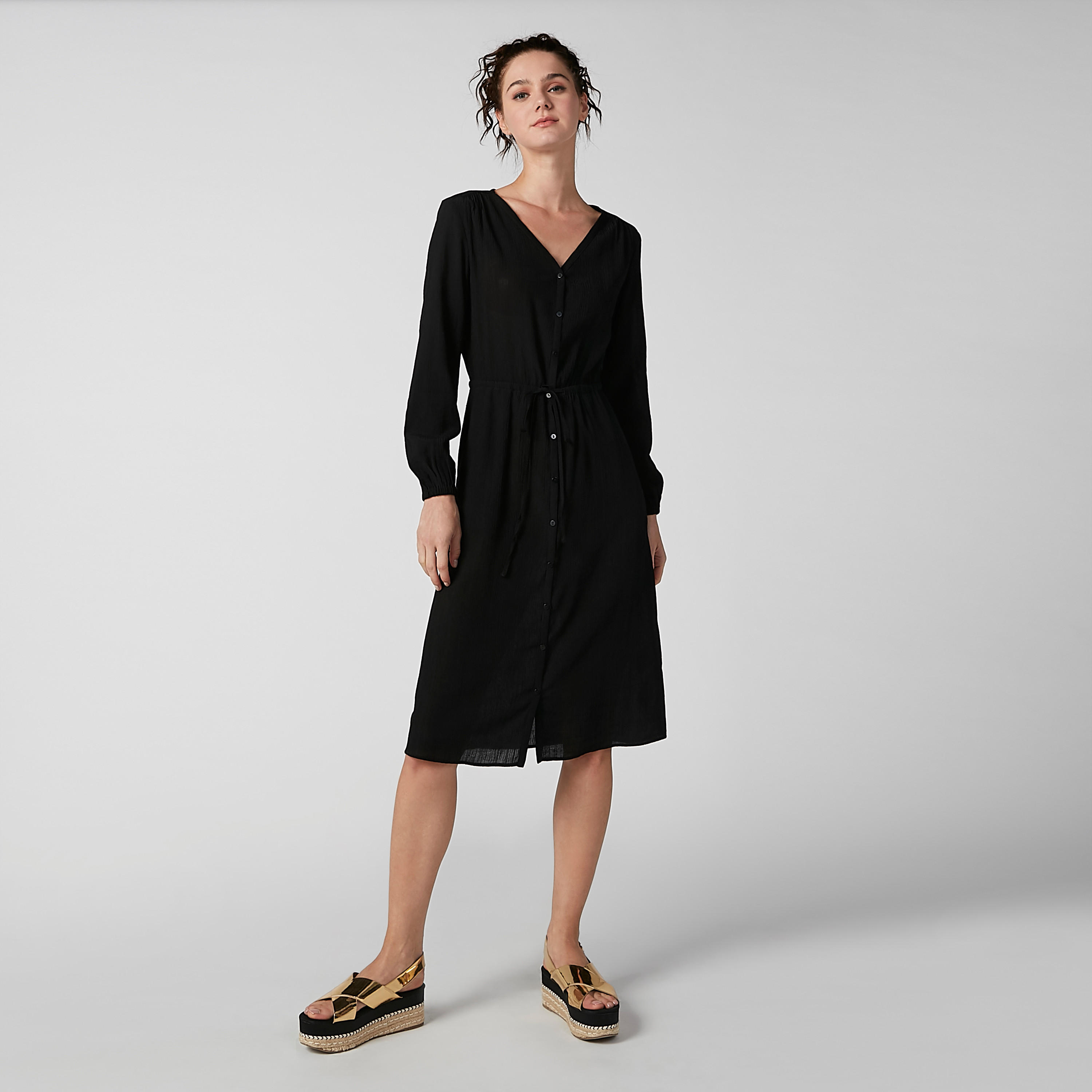 فستان قميص مستدام ميدي سادة بجيوب -women-clothing-dresses-image-1