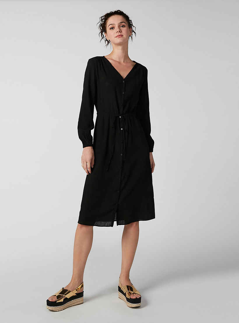 فستان قميص مستدام ميدي سادة بجيوب -women-clothing-dresses-image-1