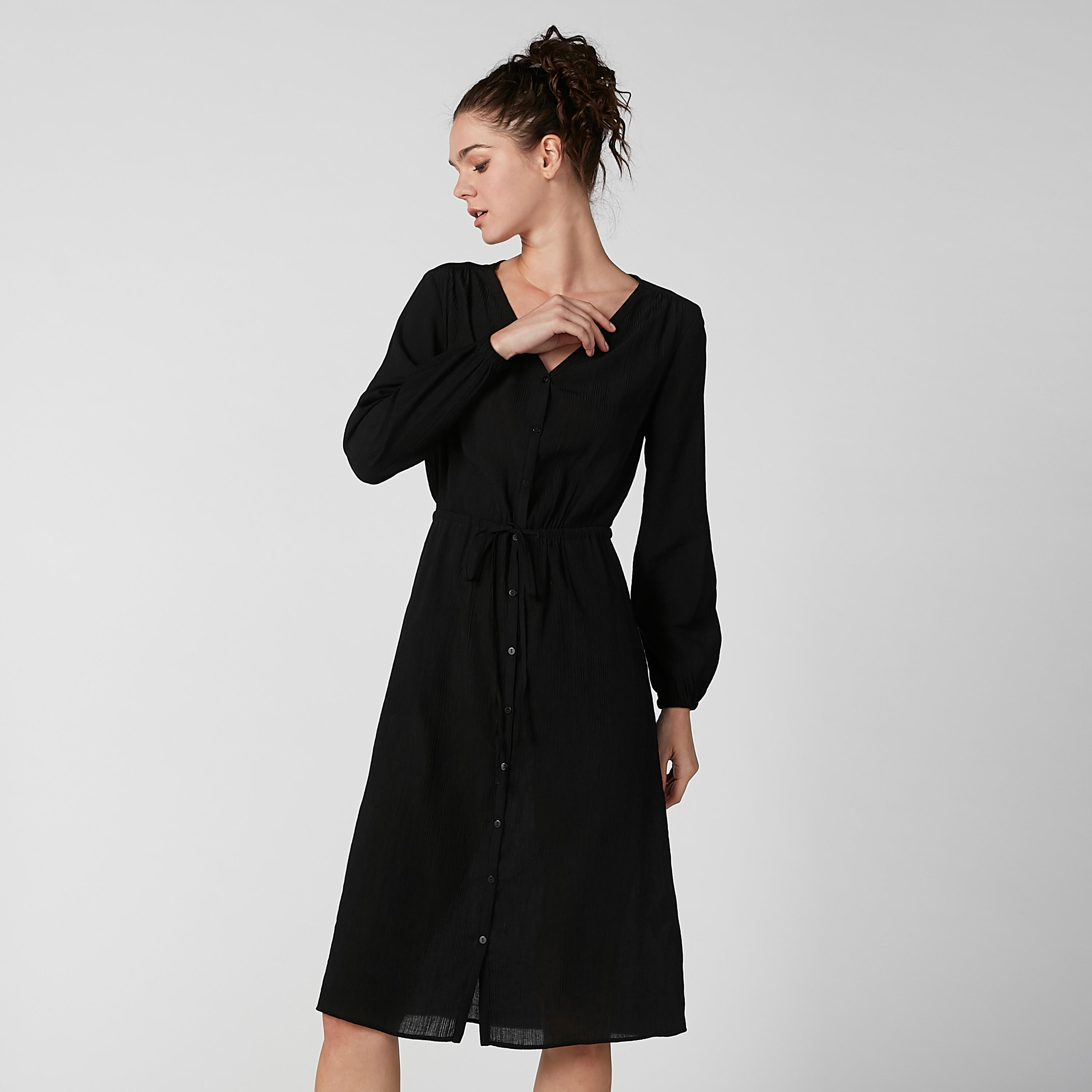 فستان قميص مستدام ميدي سادة بجيوب -women-clothing-dresses-image-2