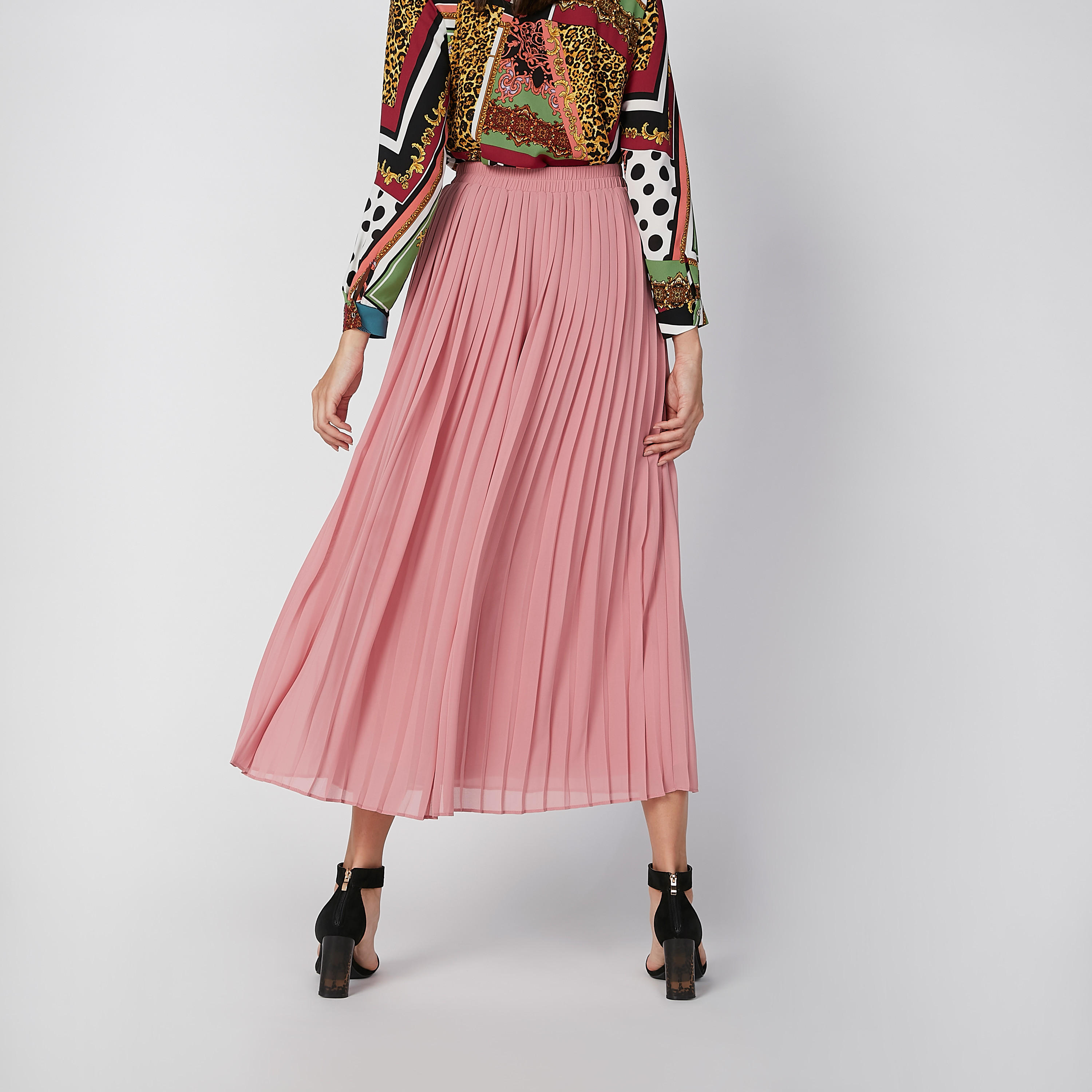 تنورة سادة إيه لاين بخصر مطاطي وثنيات-women-clothing-bottoms-skirts-image-3