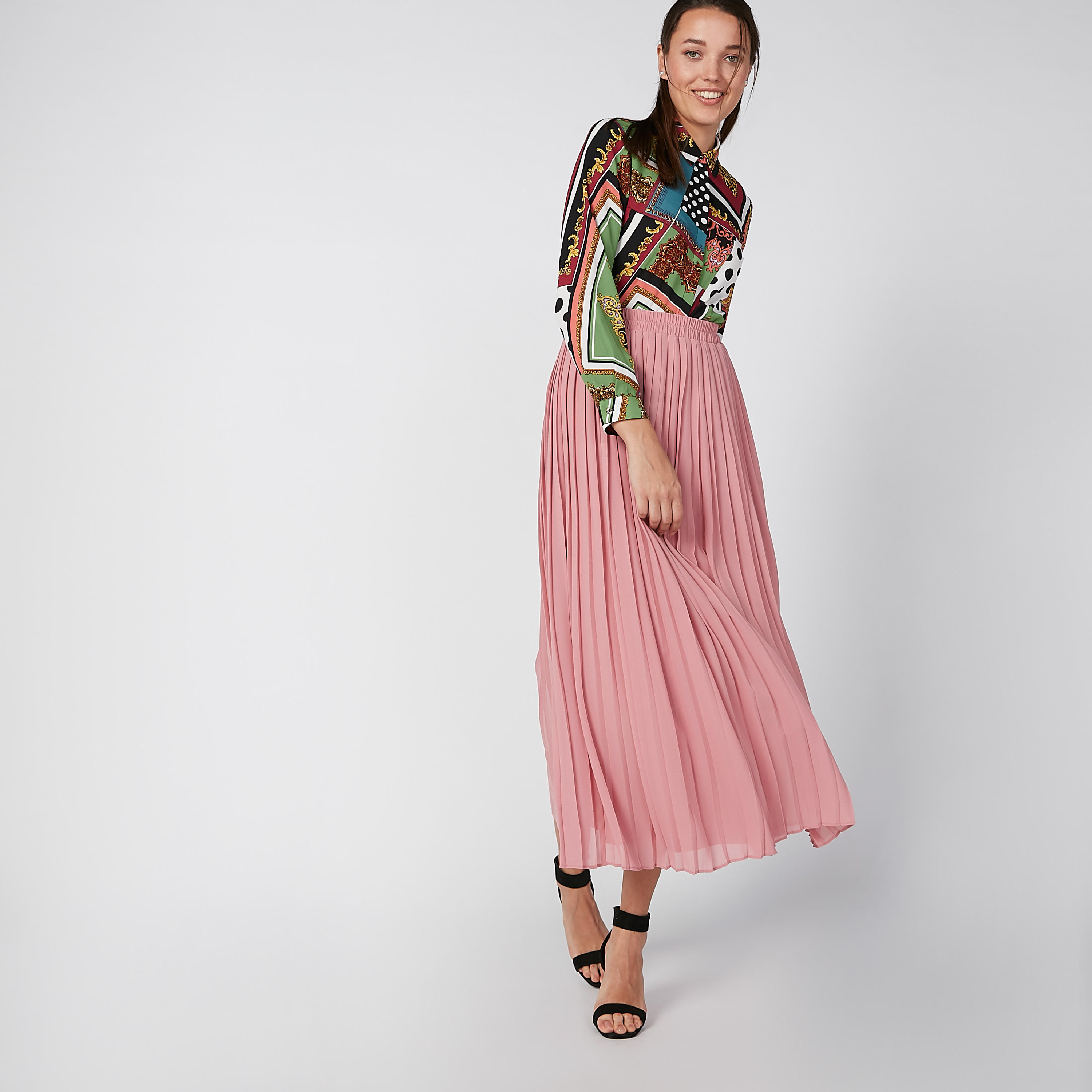 تنورة سادة إيه لاين بخصر مطاطي وثنيات-women-clothing-bottoms-skirts-image-2