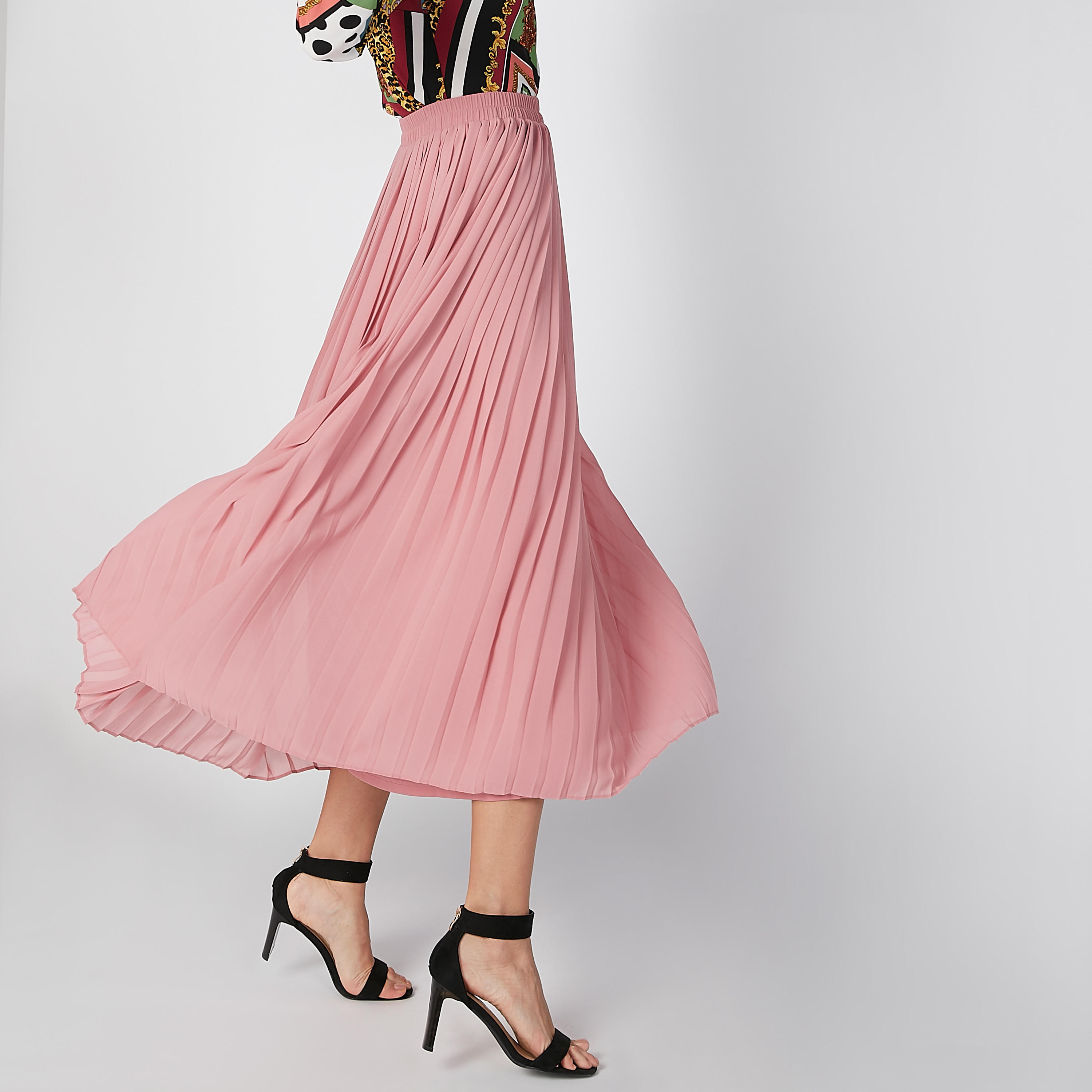 تنورة سادة إيه لاين بخصر مطاطي وثنيات-women-clothing-bottoms-skirts-image-1