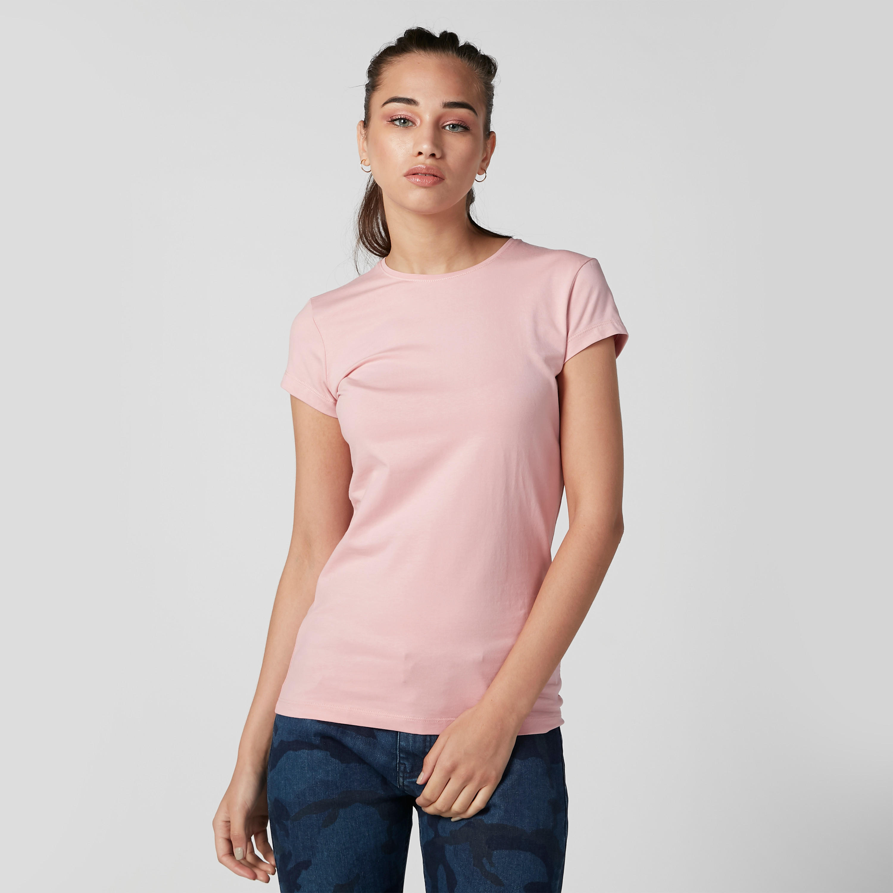 تيشيرت سادة بياقة مستديرة وأكمام كاب-women-clothing-tshirts-image-1