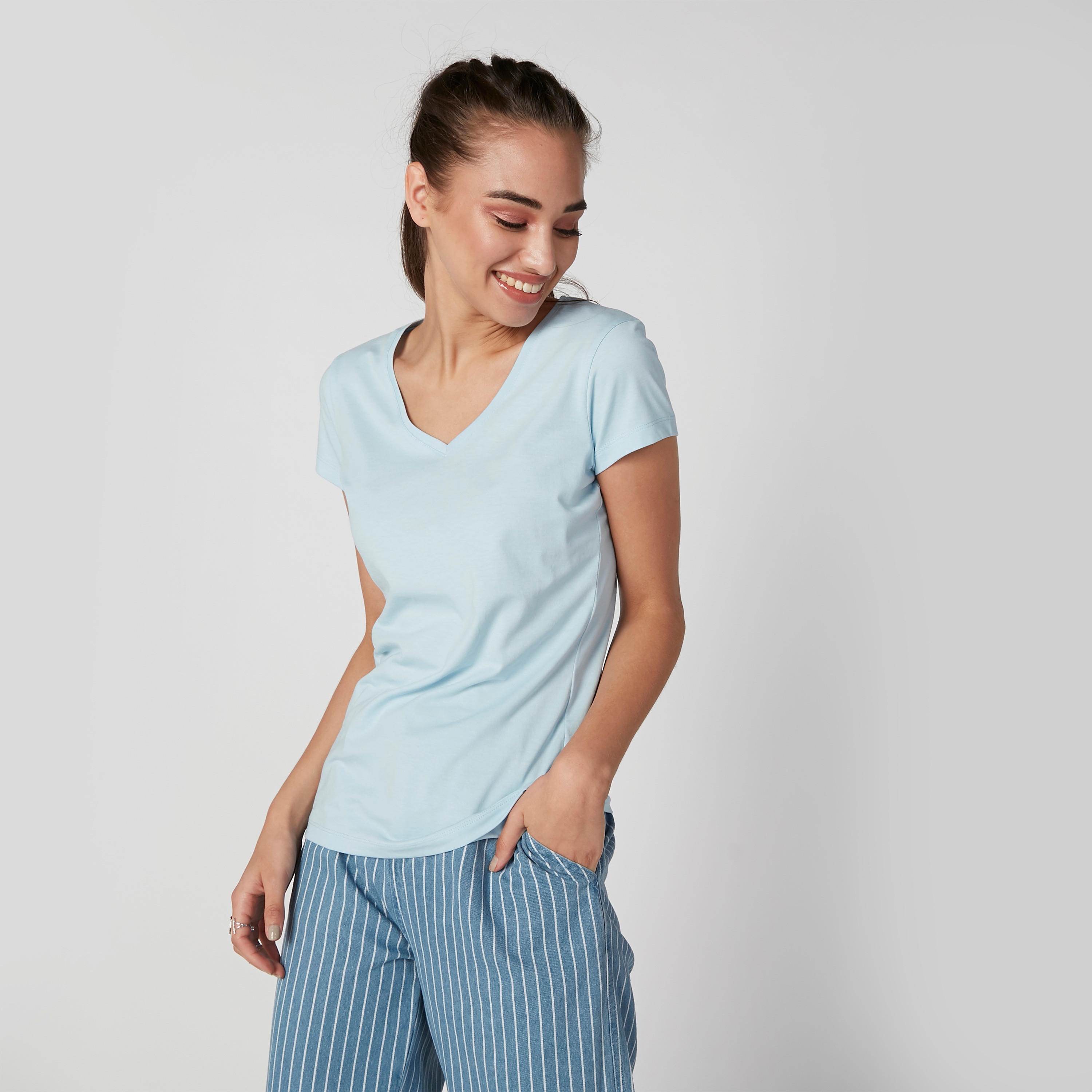 Plain T-shirt with V-neck and Short Sleeves-women-clothing-tshirts-image-2