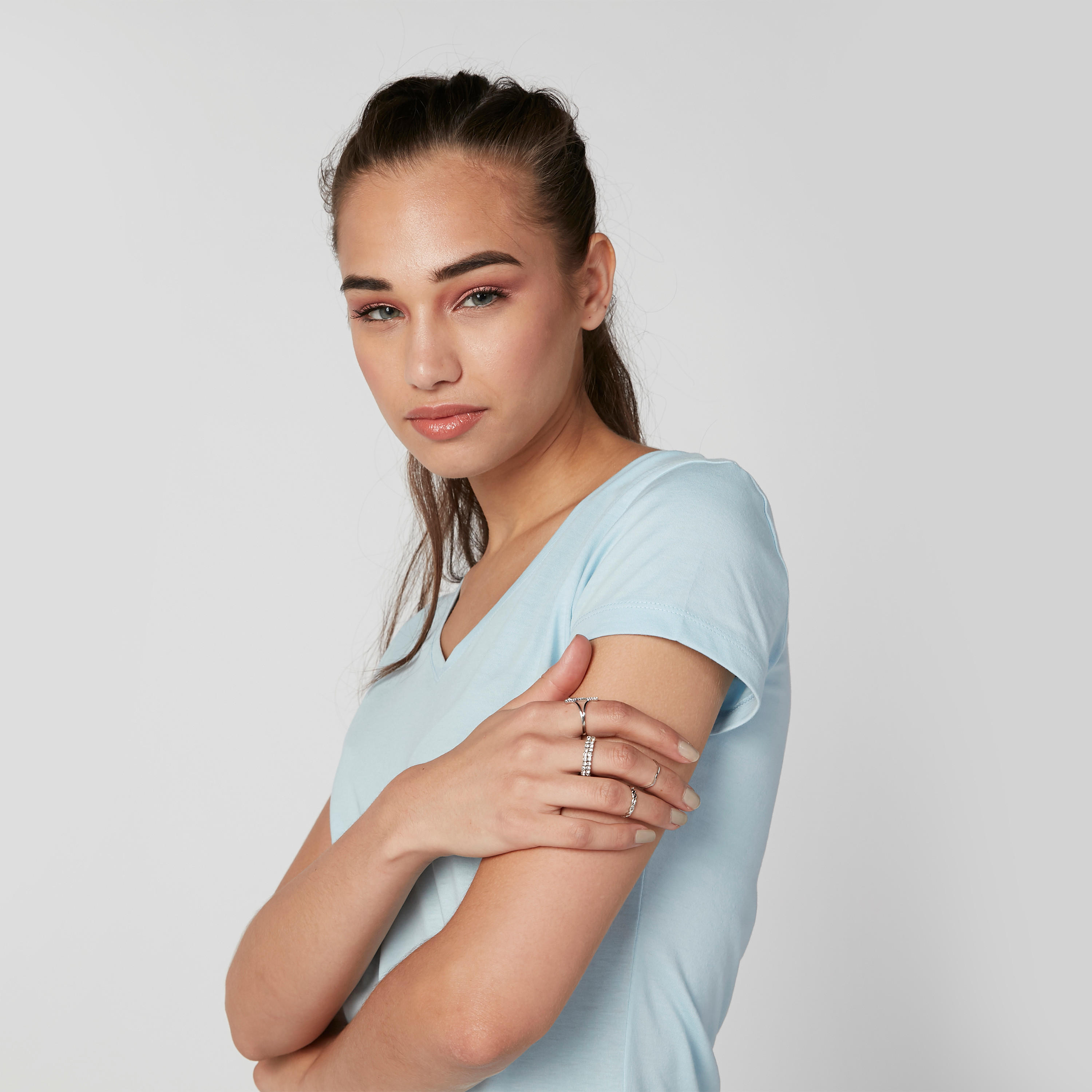 Plain T-shirt with V-neck and Short Sleeves-women-clothing-tshirts-image-3