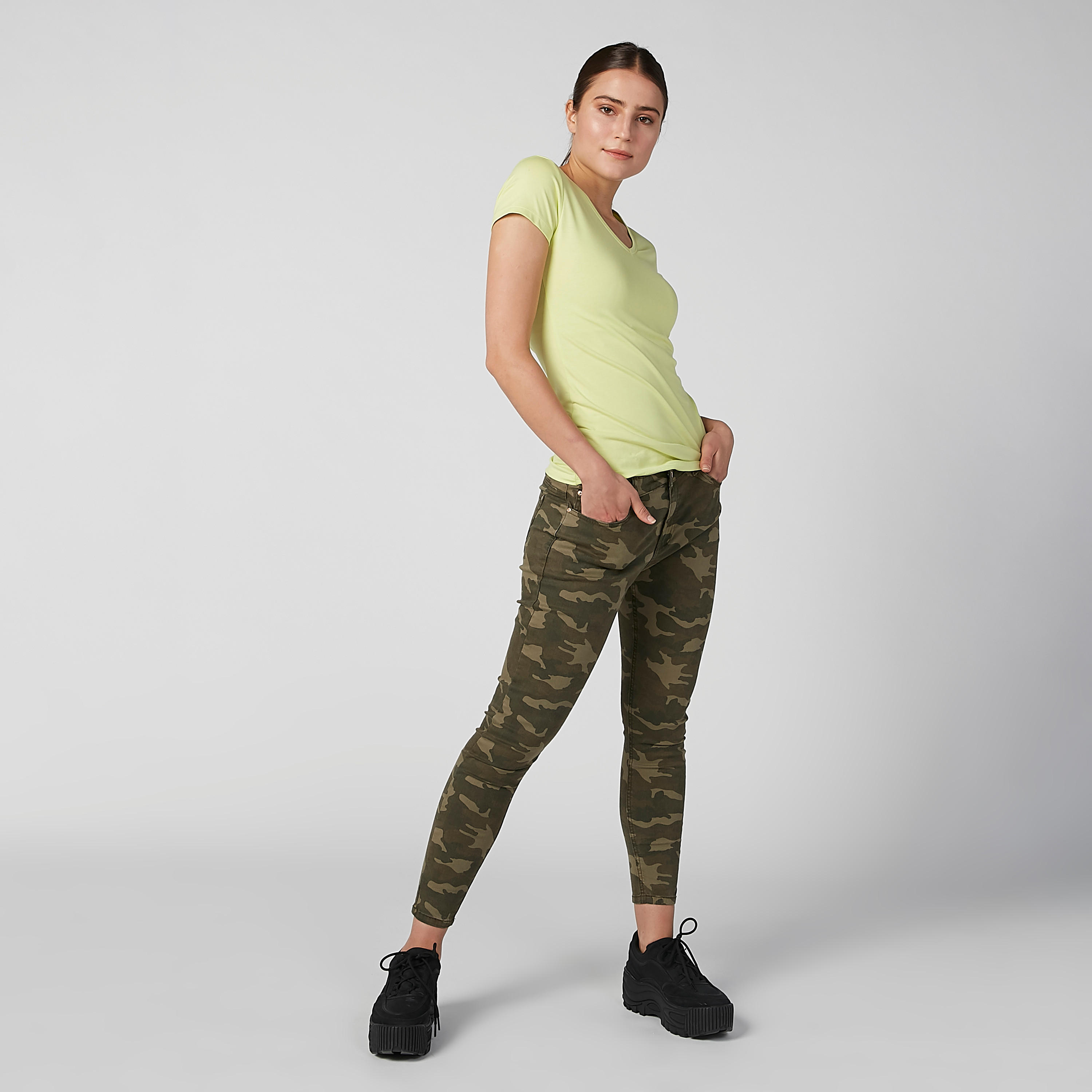 Plain T-shirt with V-neck and Short Sleeves-women-clothing-tshirts-image-3