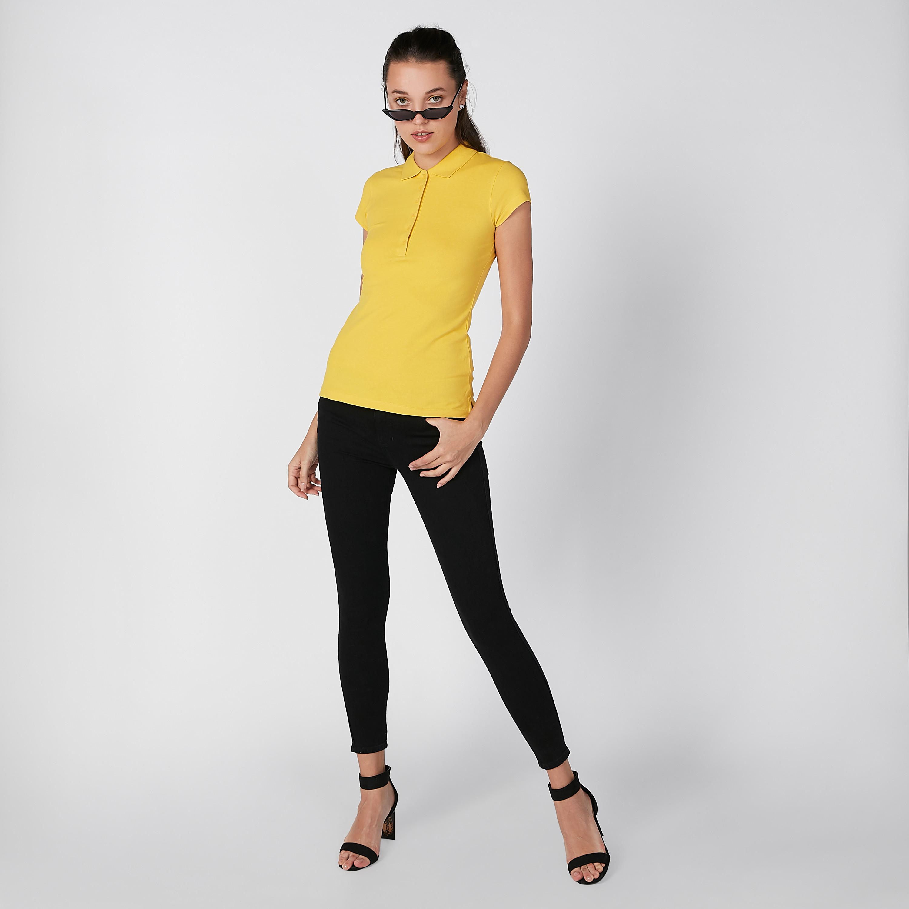 Plain T-shirt with Polo Neck and Cap Sleeves-women-clothing-tshirts-image-1