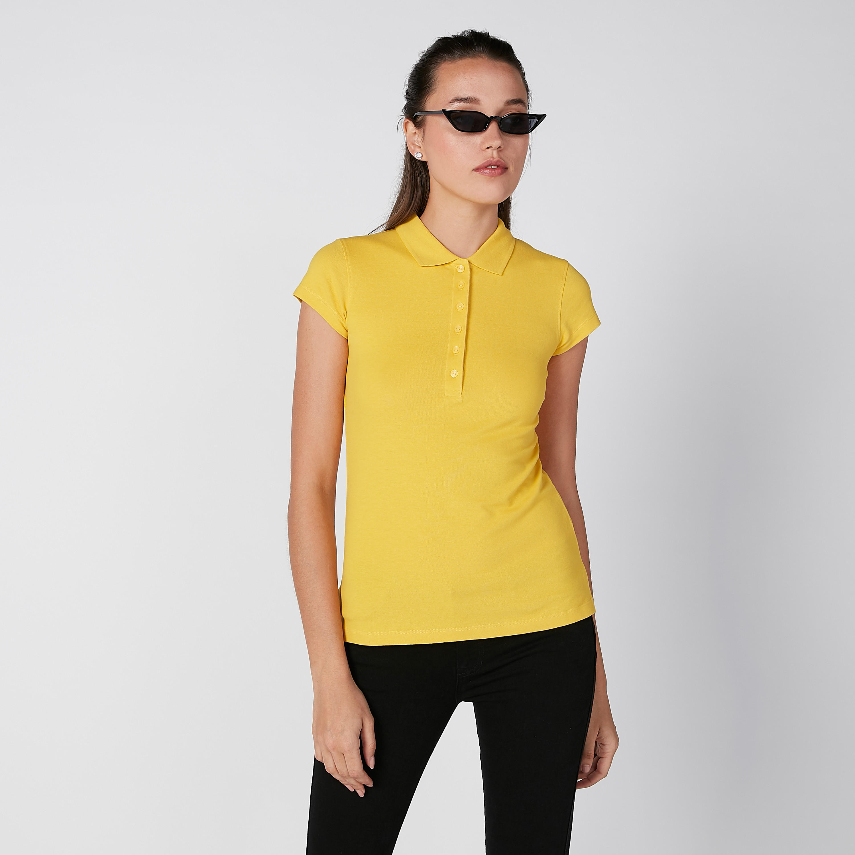 Plain T-shirt with Polo Neck and Cap Sleeves-women-clothing-tshirts-image-3