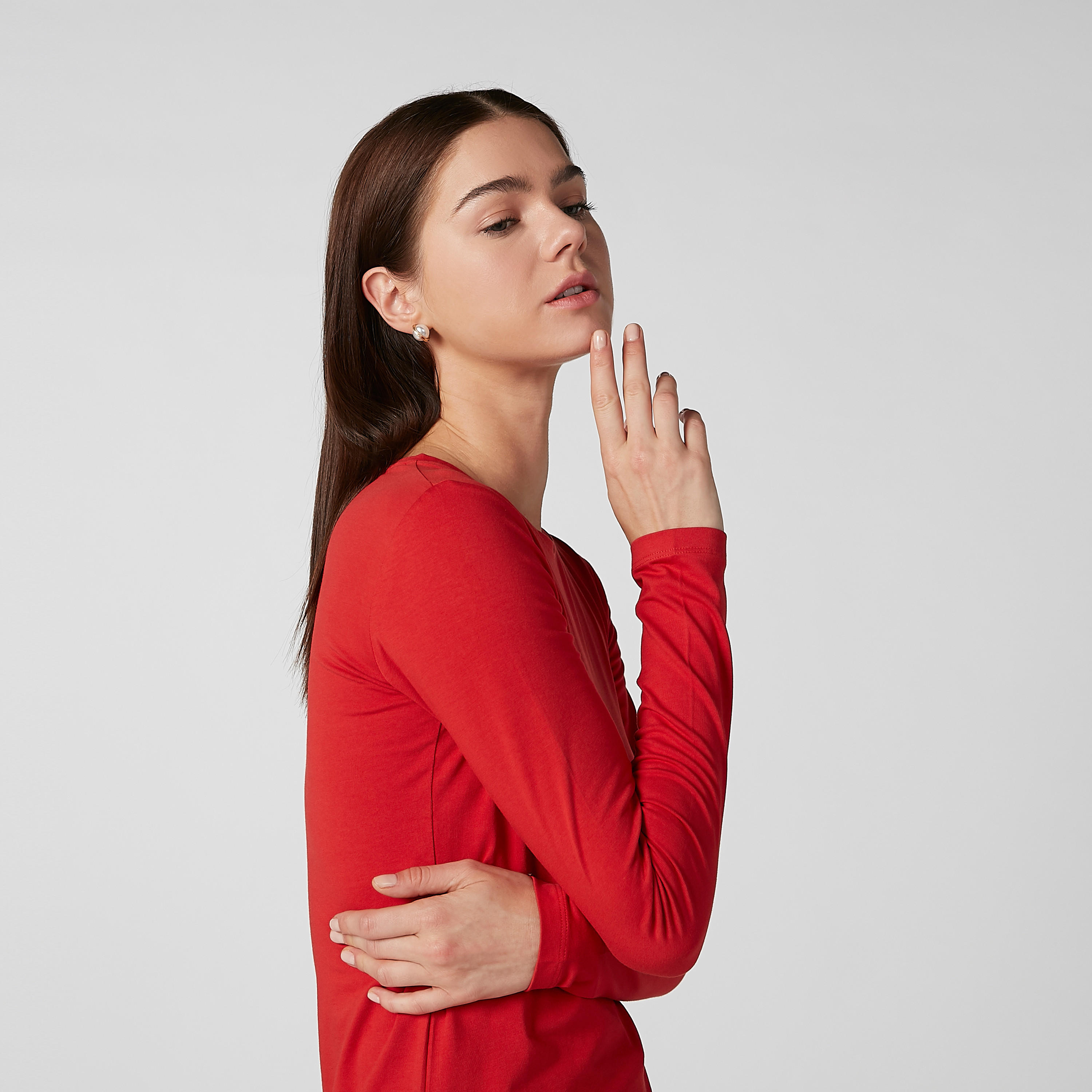 Plain T-shirt with Round Neck and Long Sleeves-women-clothing-tshirts-image-3