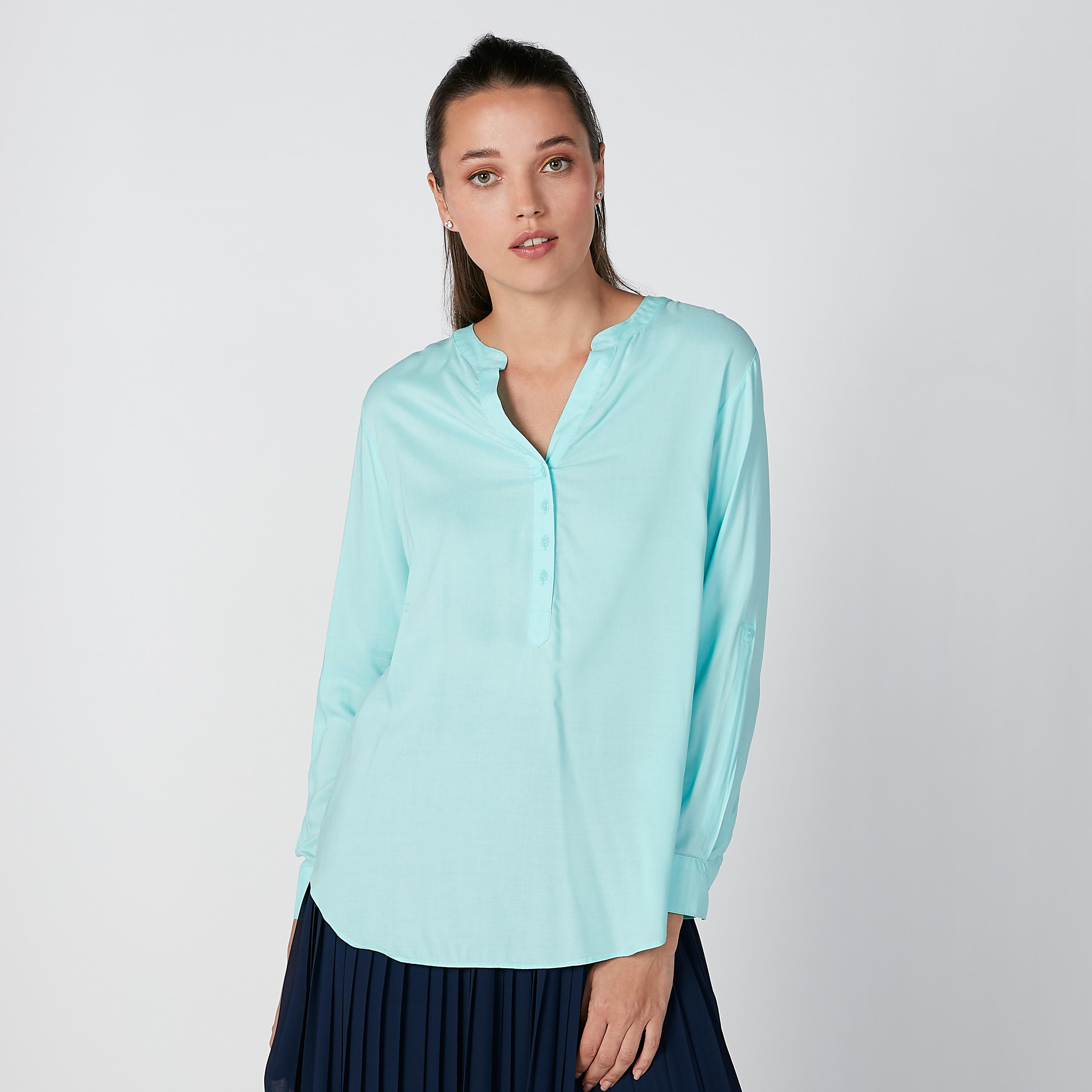 Plain Top with Long Sleeves and Half Placket-women-clothing-shirtsandblouses-blouses-image-1