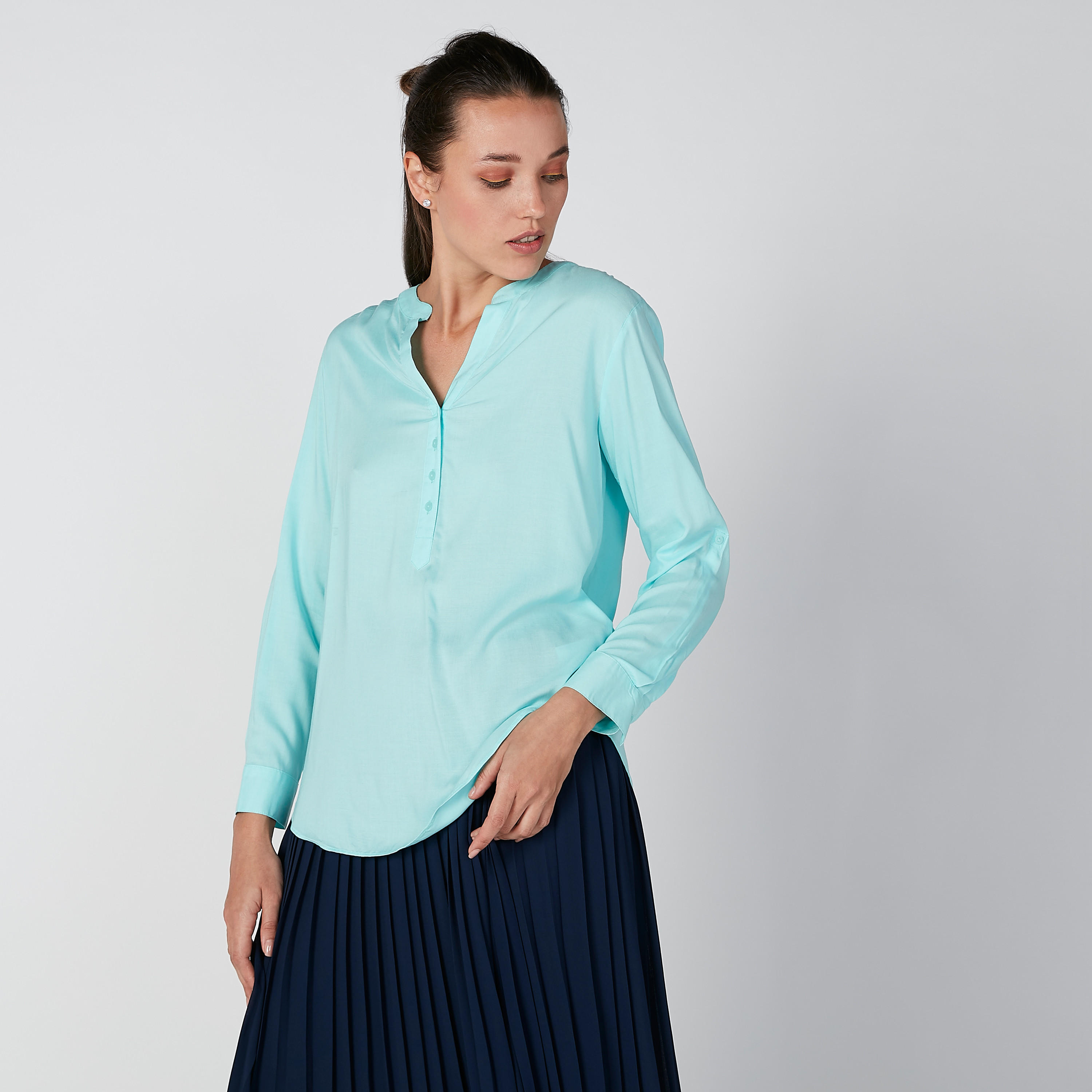 Plain Top with Long Sleeves and Half Placket-women-clothing-shirtsandblouses-blouses-image-2