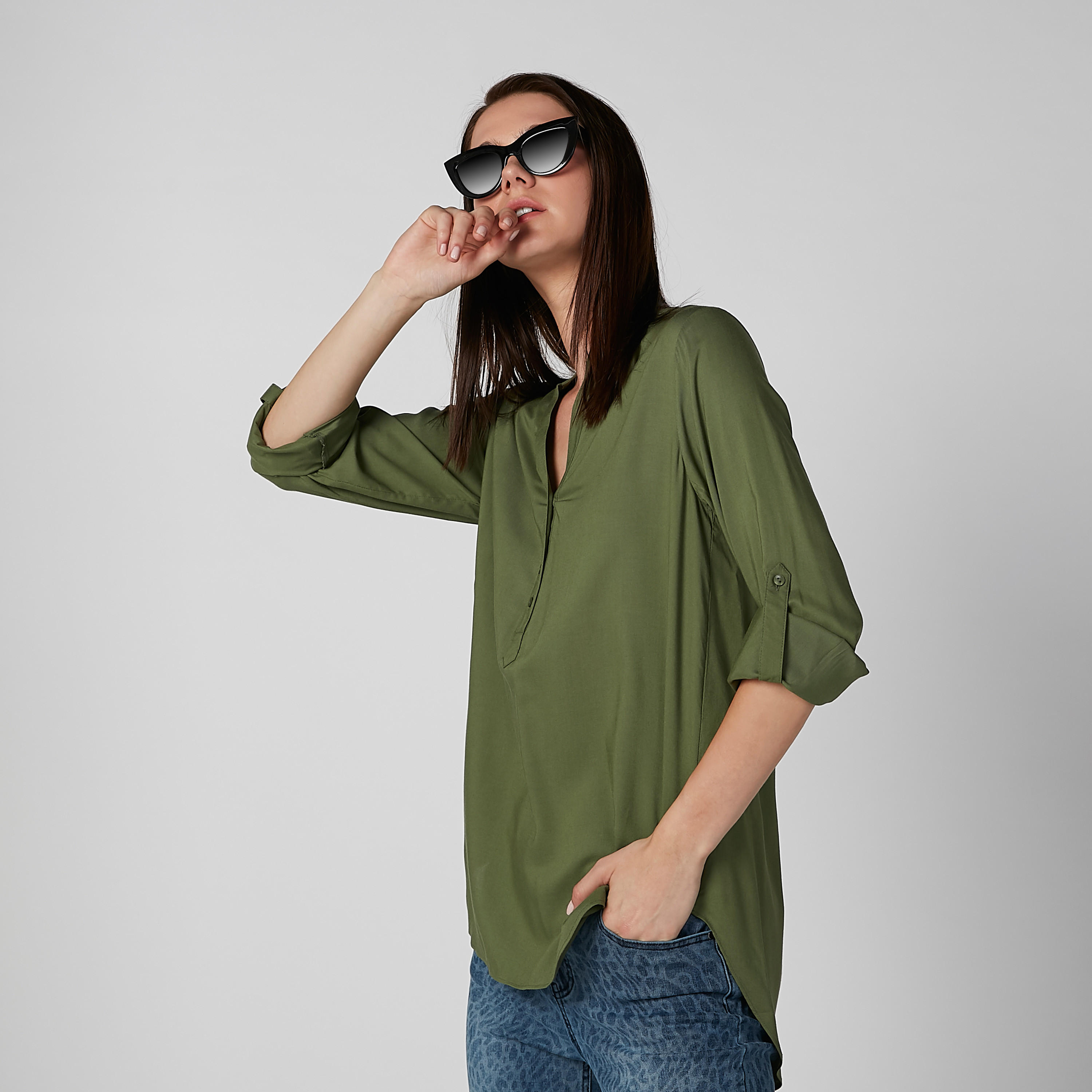 قميص سادة بياقة ماندارين وأكمام طويلة-women-clothing-shirtsandblouses-shirts-image-1