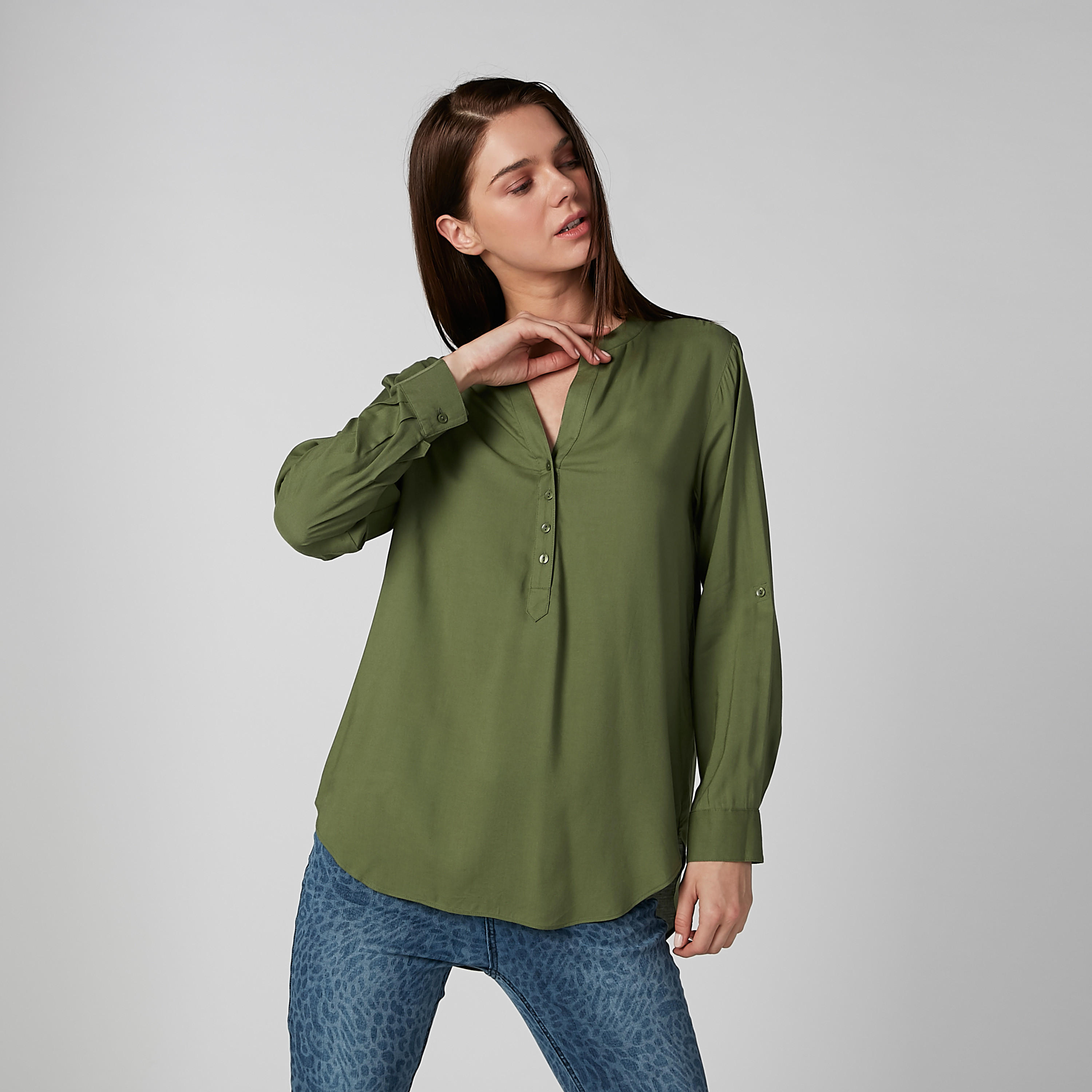 قميص سادة بياقة ماندارين وأكمام طويلة-women-clothing-shirtsandblouses-shirts-image-2