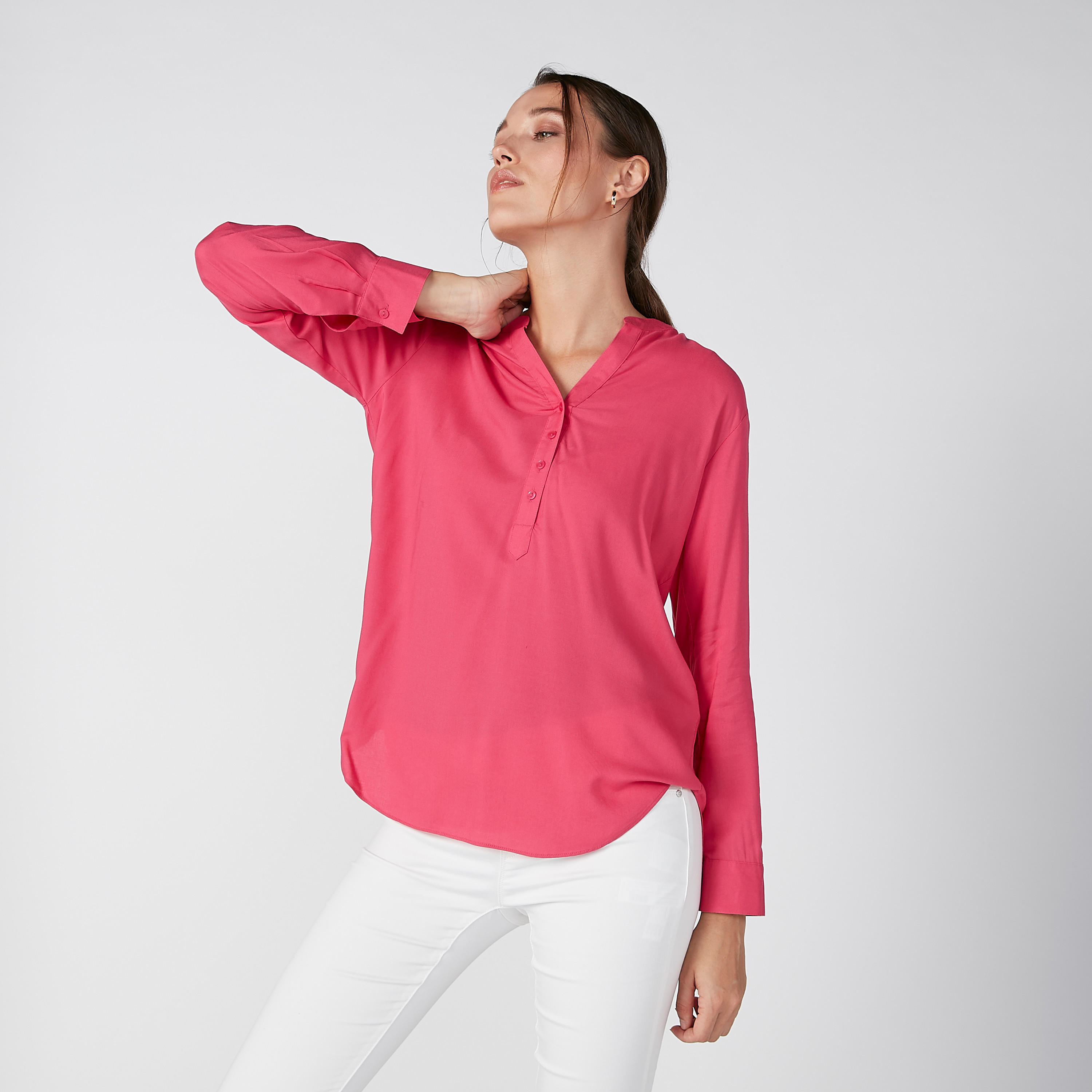 Plain Top with Half Placket and Long Sleeves-women-clothing-shirtsandblouses-blouses-image-1