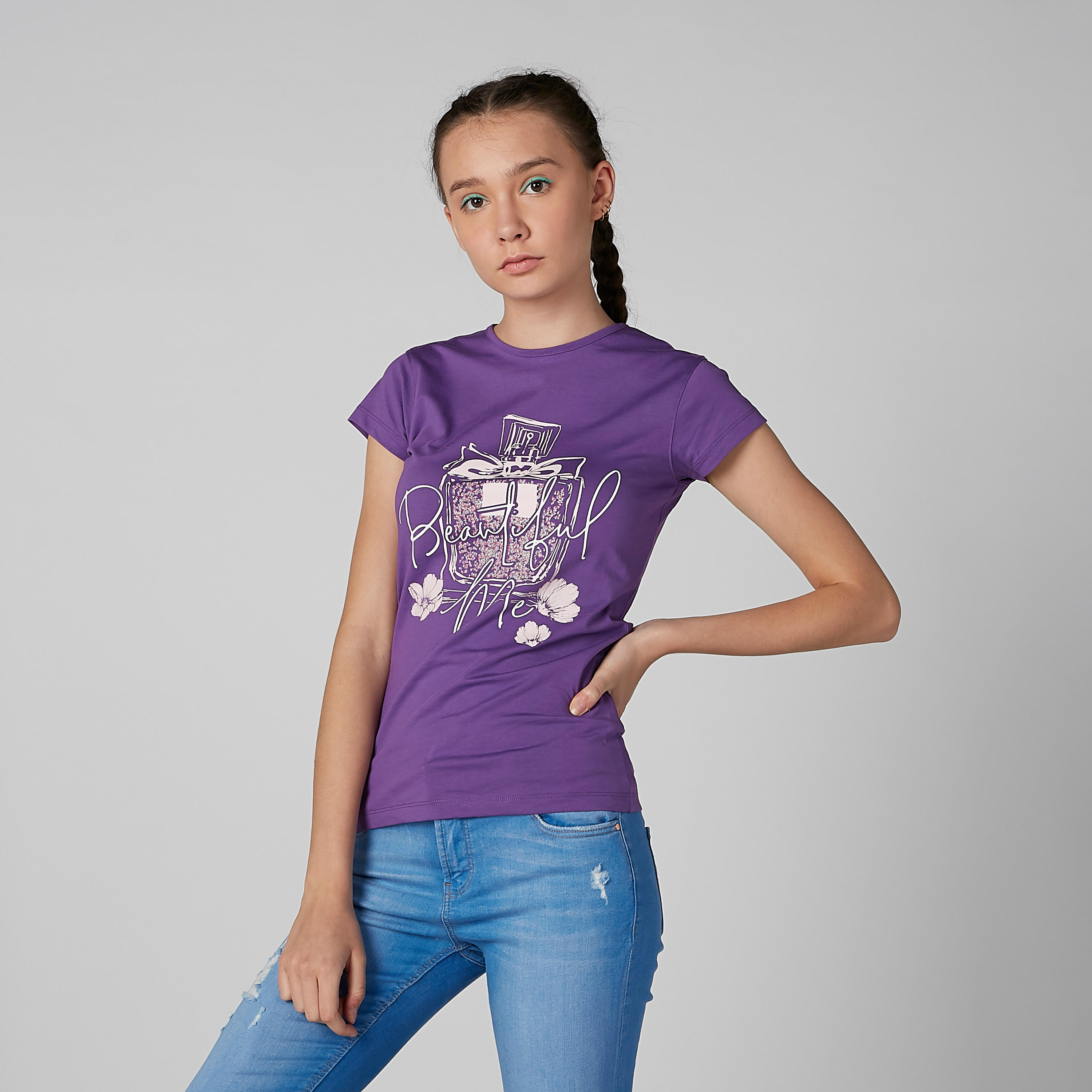 تيشيرت بياقة مستديرة وأكمام كاب مع طبعات-women-clothing-tshirts-image-2