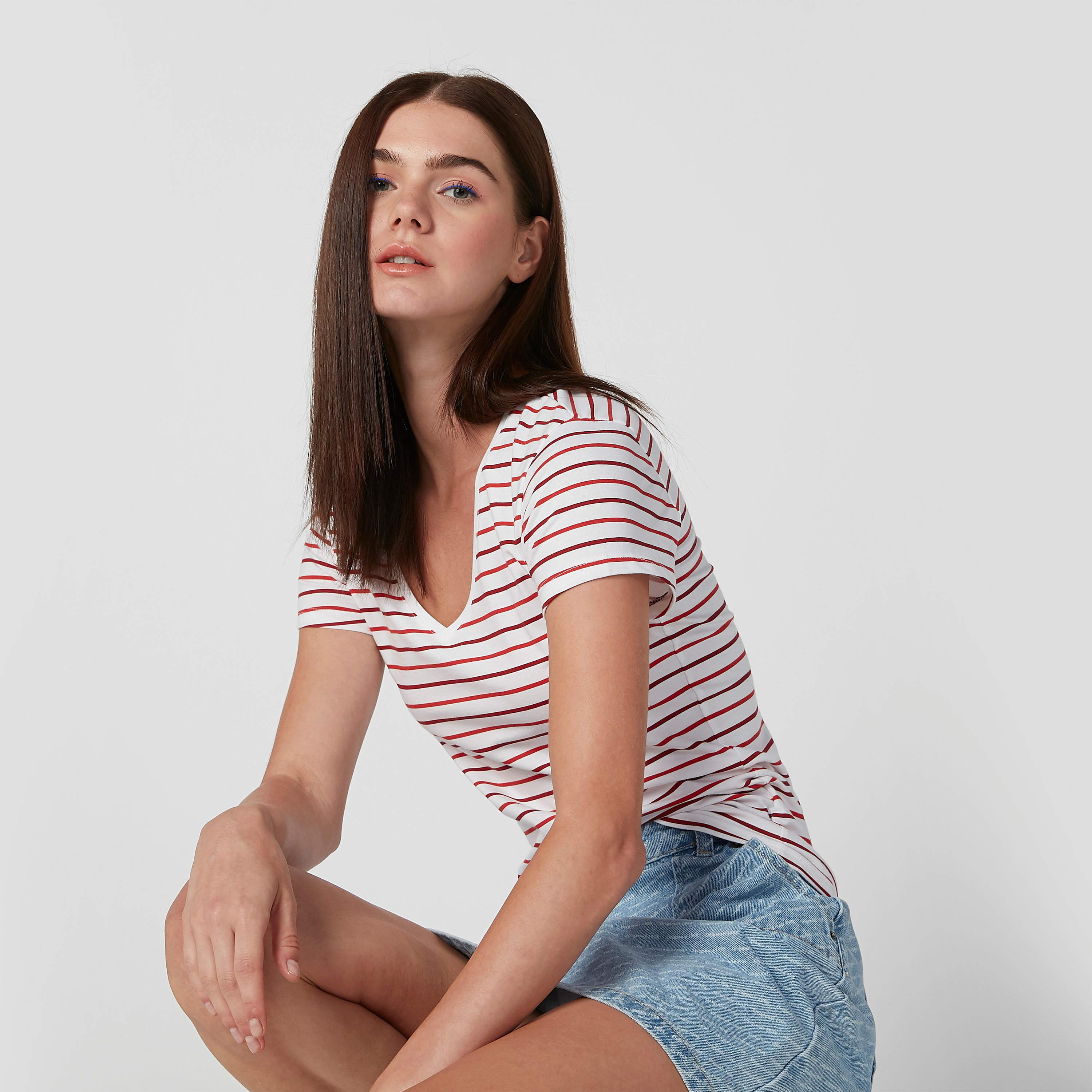 Striped T-shirt with V-neck and Cap Sleeves-women-clothing-tshirts-image-1