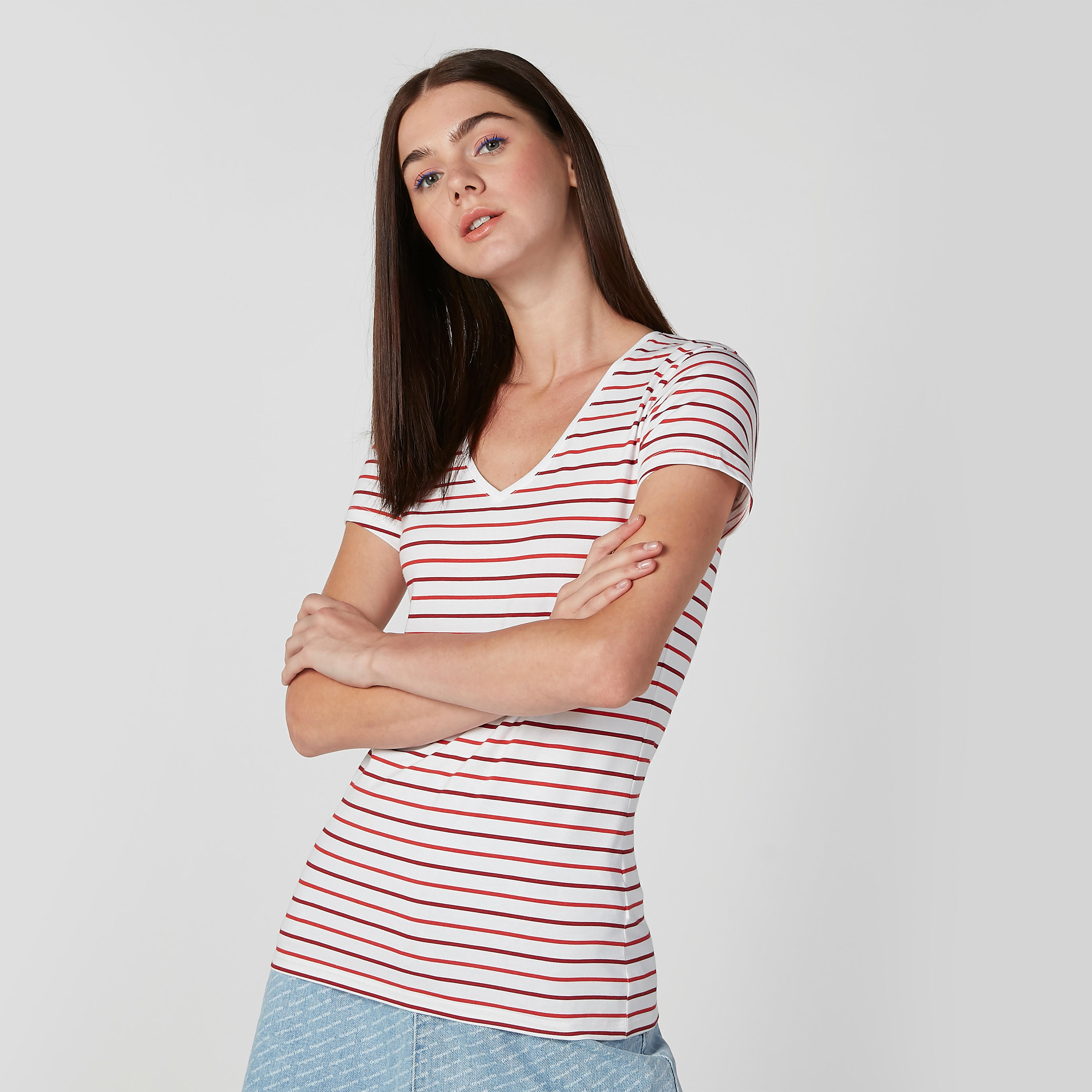 Striped T-shirt with V-neck and Cap Sleeves-women-clothing-tshirts-image-2