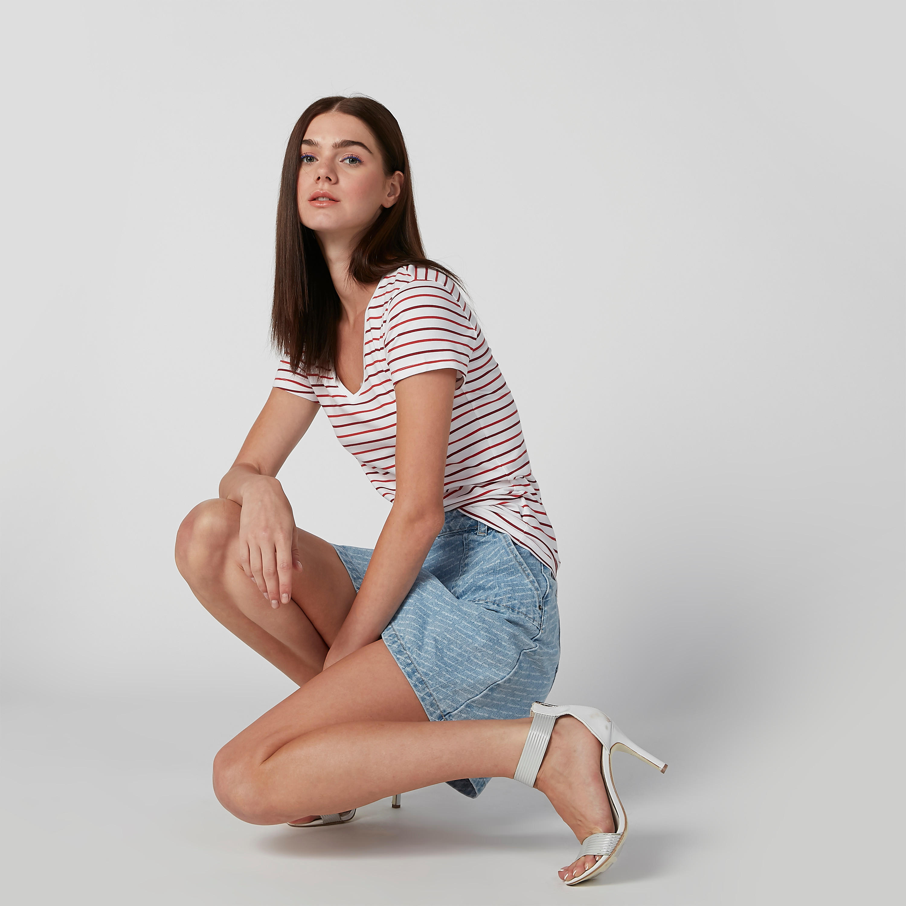 Striped T-shirt with V-neck and Cap Sleeves-women-clothing-tshirts-image-3