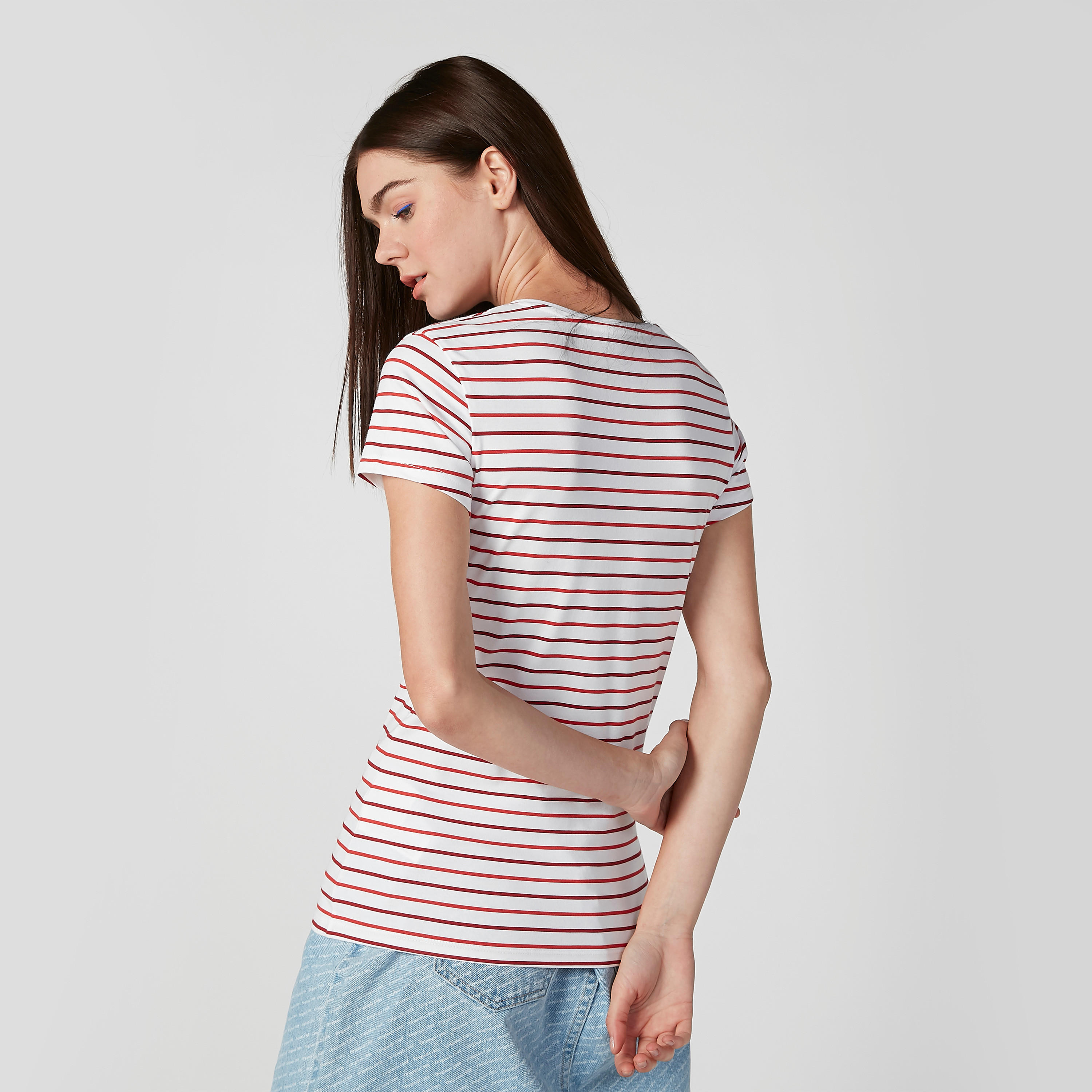 Striped T-shirt with V-neck and Cap Sleeves-women-clothing-tshirts-image-4