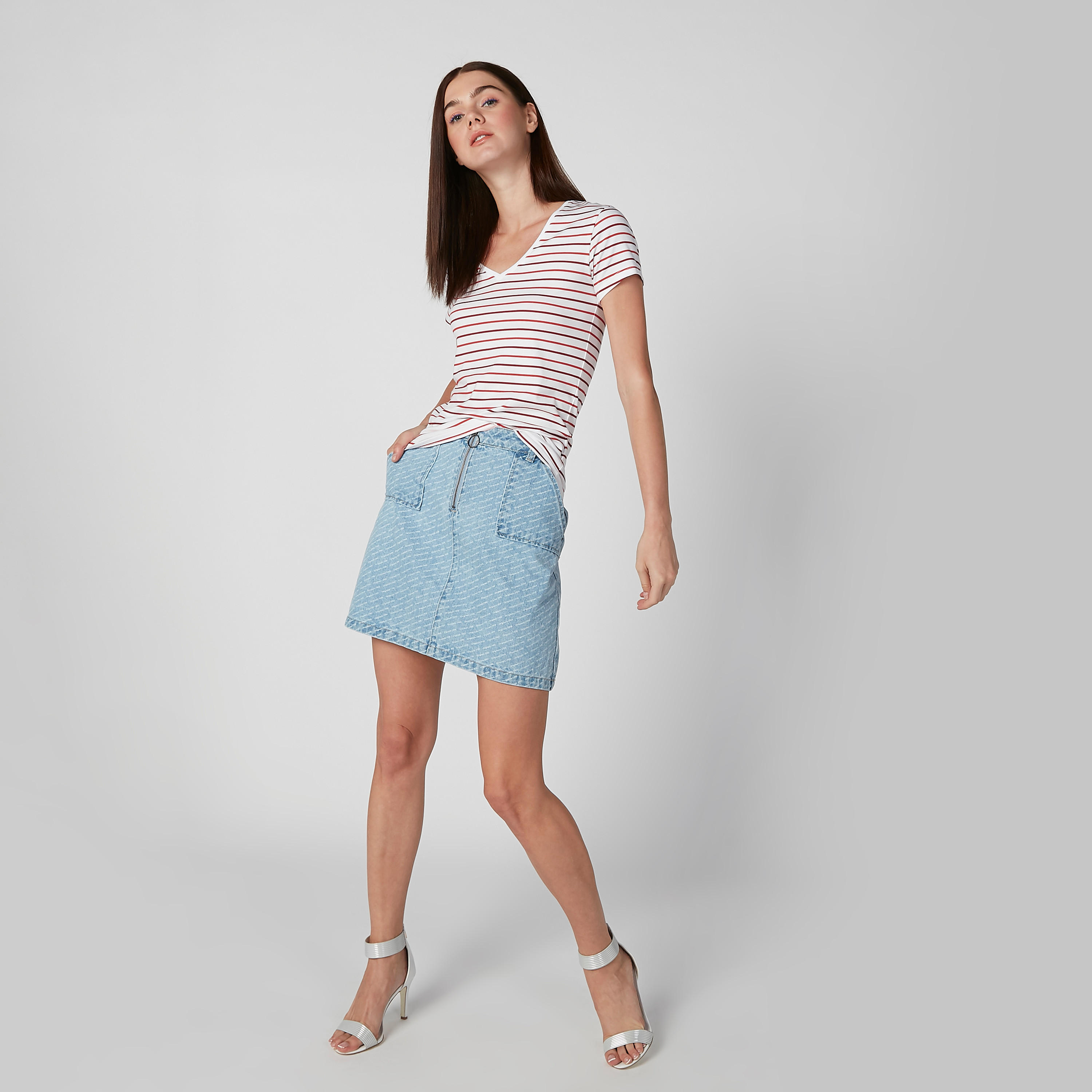 Striped T-shirt with V-neck and Cap Sleeves-women-clothing-tshirts-image-5