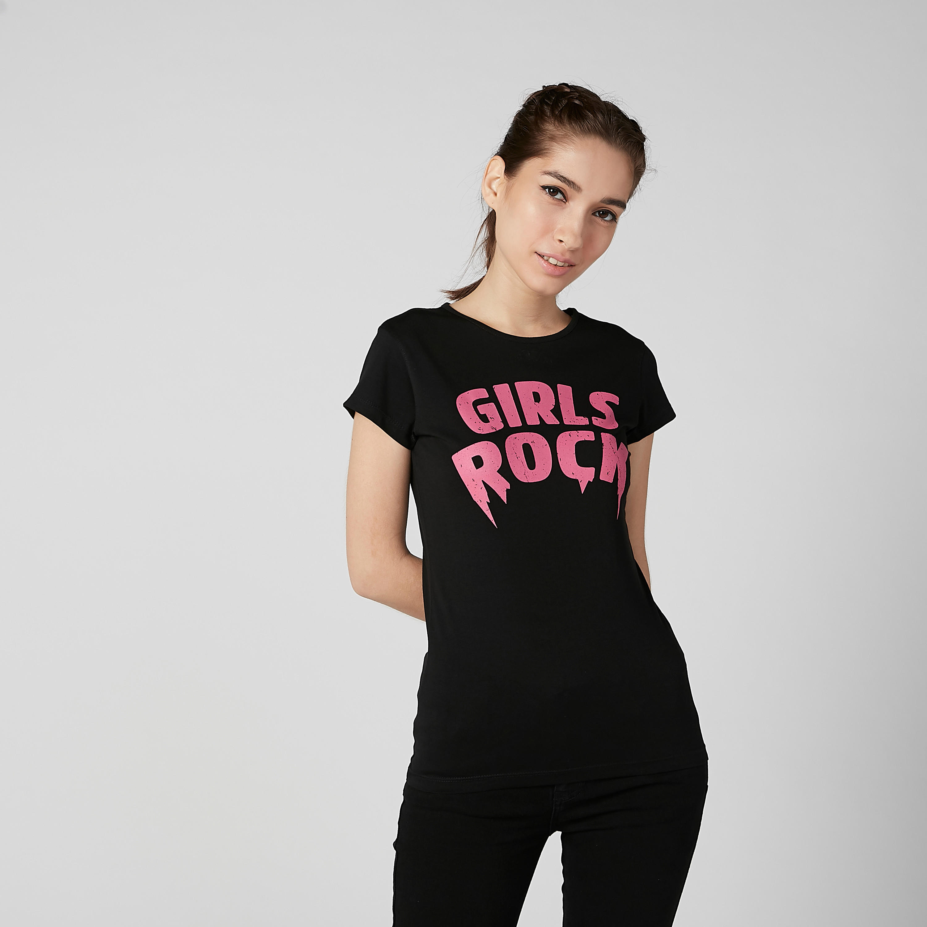 Slim Fit Printed T-shirt with Round Neck and Cap Sleeves-women-clothing-tshirts-image-1