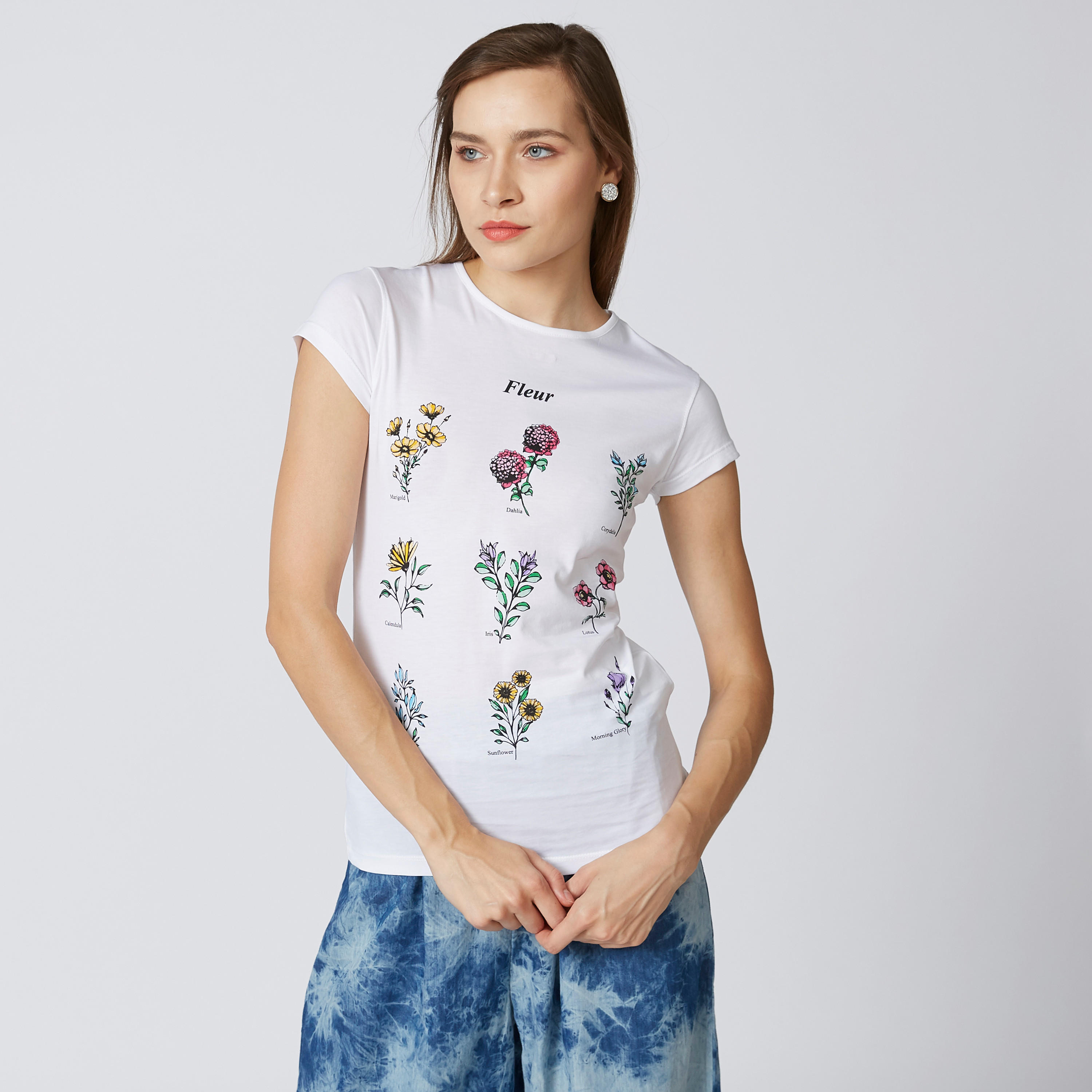 Slim Fit Printed T-shirt with Round Neck and Cap Sleeves-women-clothing-tshirts-image-1