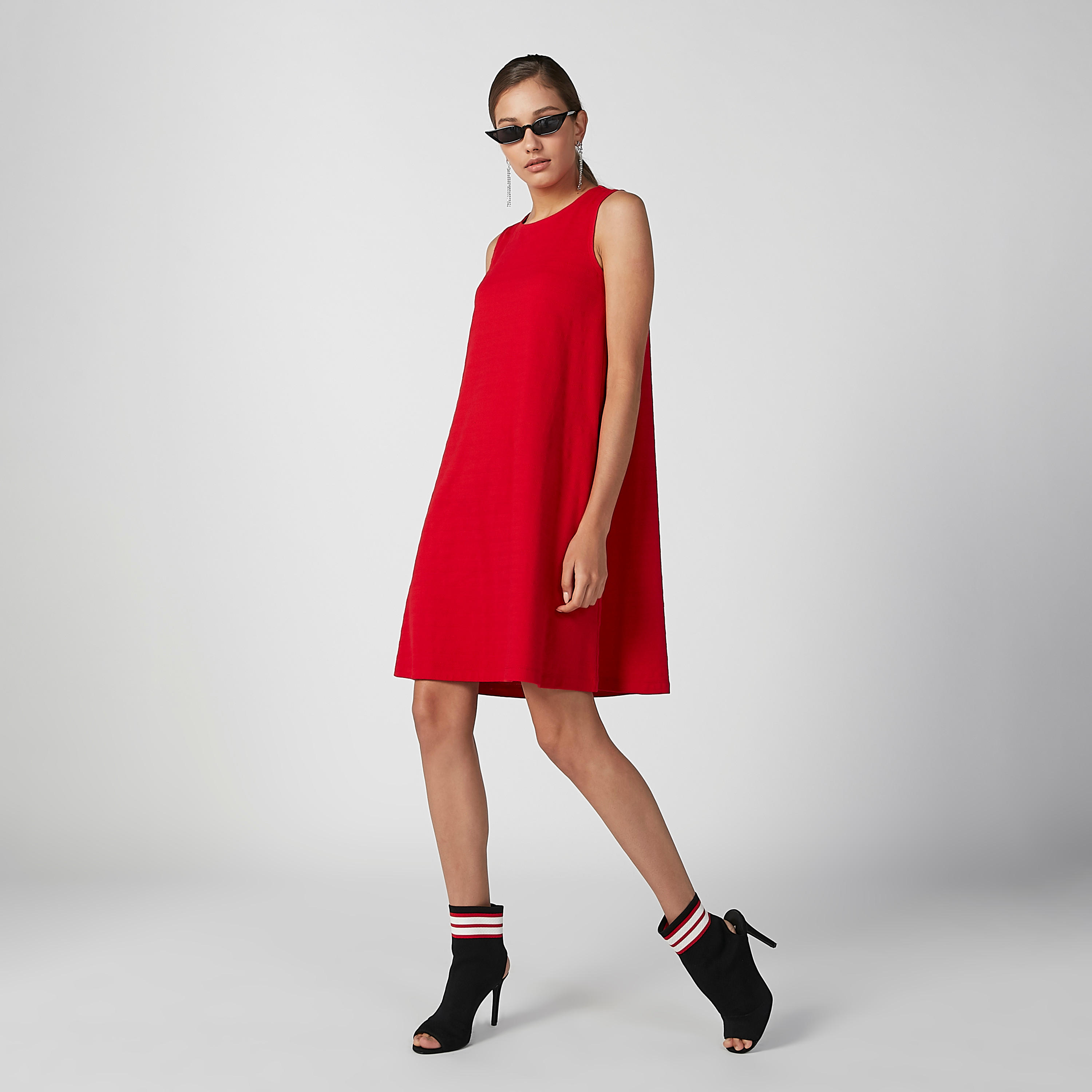 فستان قصير إيه لاين سادة دون أكمام بياقة مستديرة-women-clothing-dresses-image-1