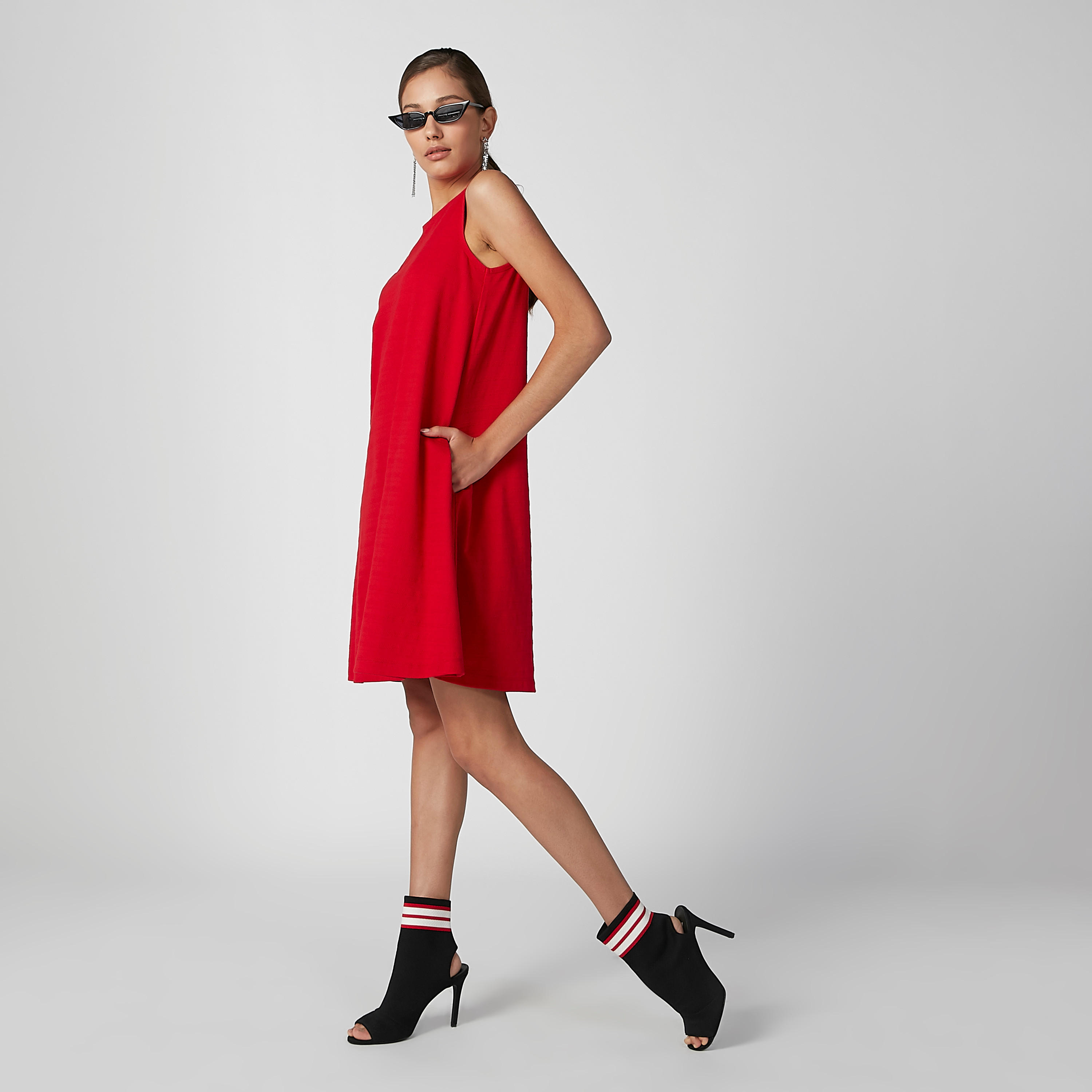 فستان قصير إيه لاين سادة دون أكمام بياقة مستديرة-women-clothing-dresses-image-2