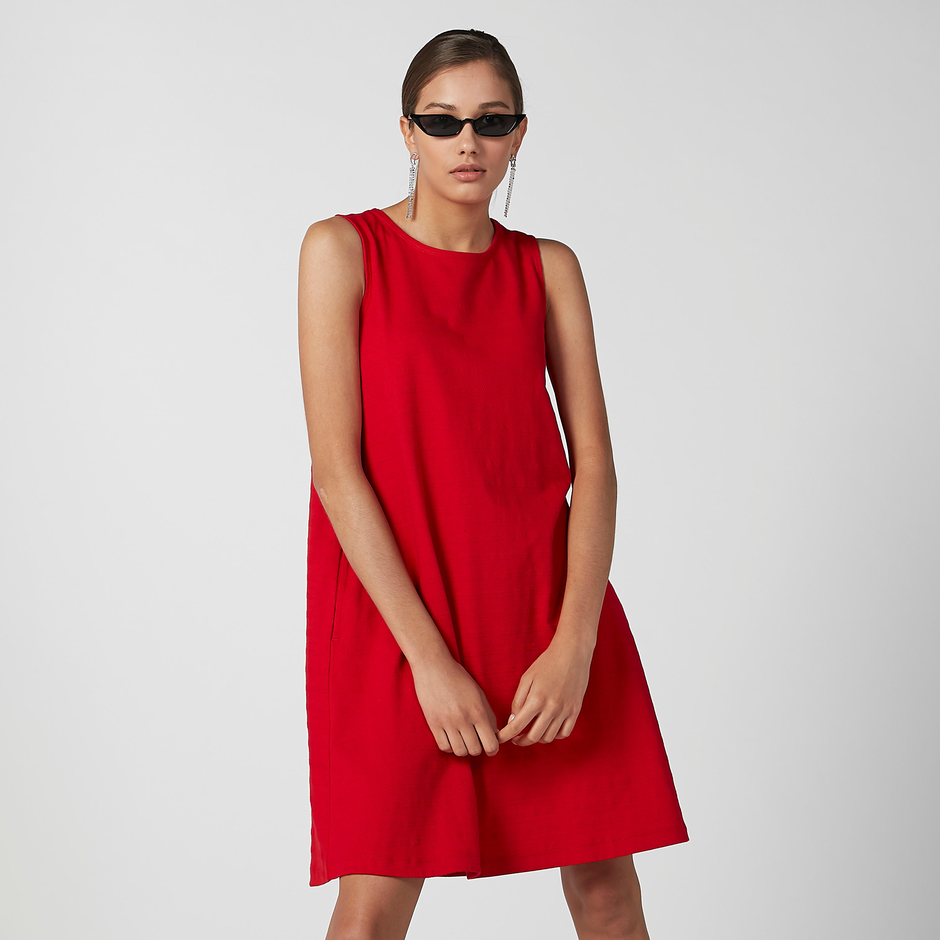 فستان قصير إيه لاين سادة دون أكمام بياقة مستديرة-women-clothing-dresses-image-3