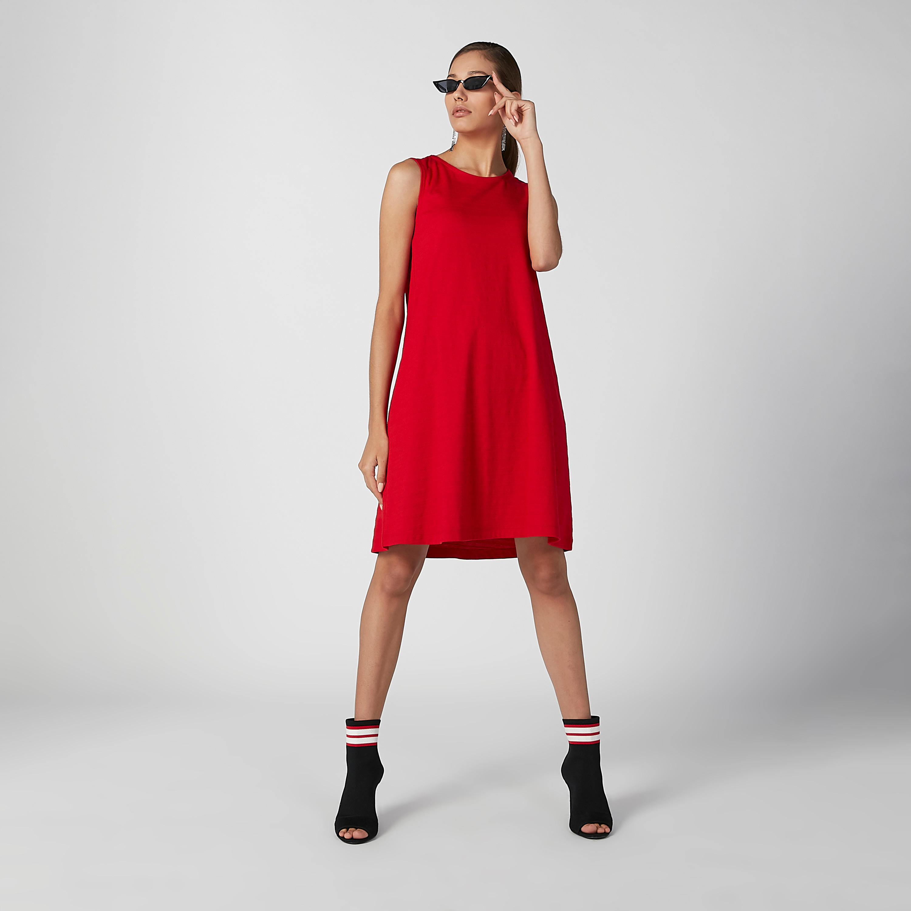 فستان قصير إيه لاين سادة دون أكمام بياقة مستديرة-women-clothing-dresses-image-5