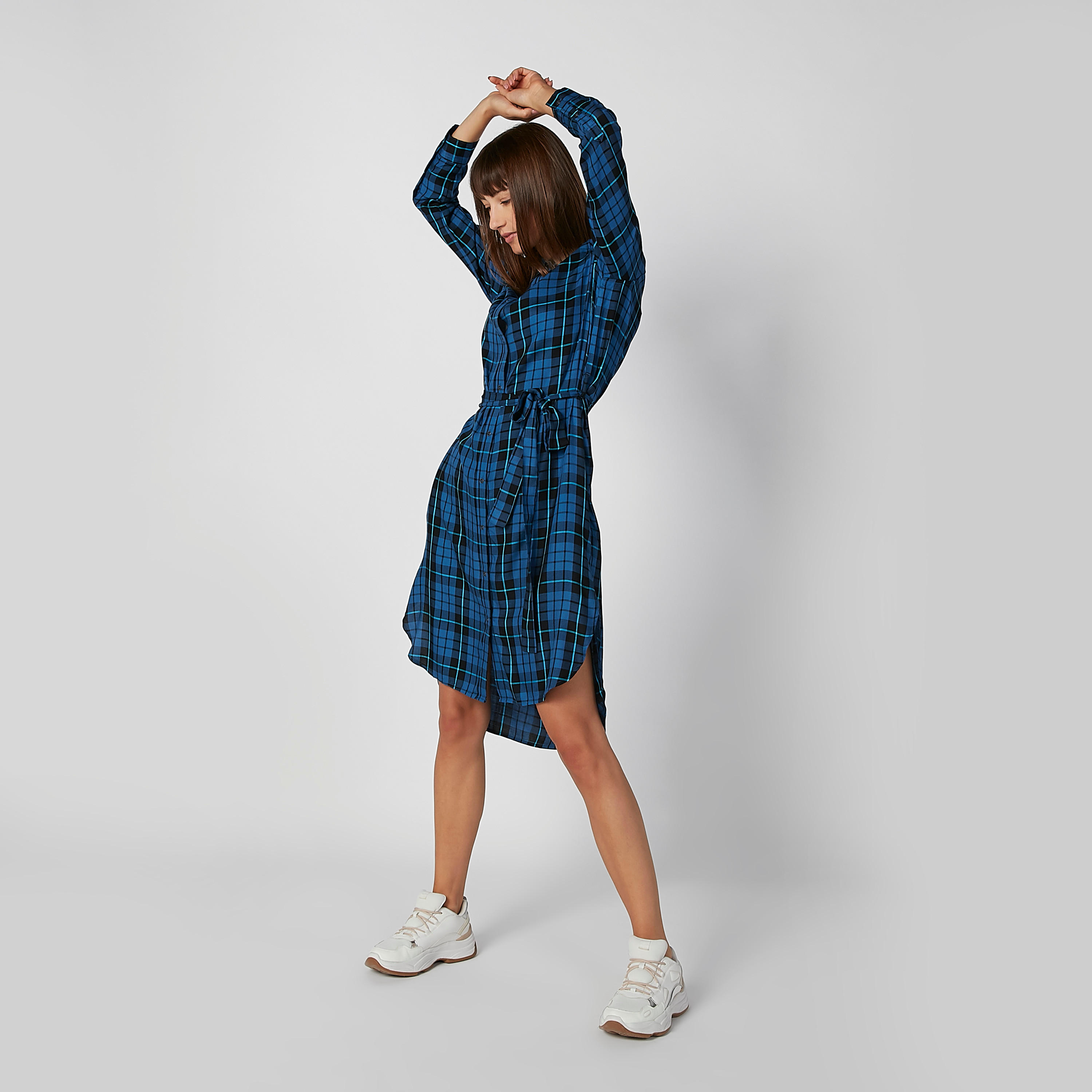 فستان قميص مستدام ميدي كاروهات بأكمام طويلة-women-clothing-dresses-image-1