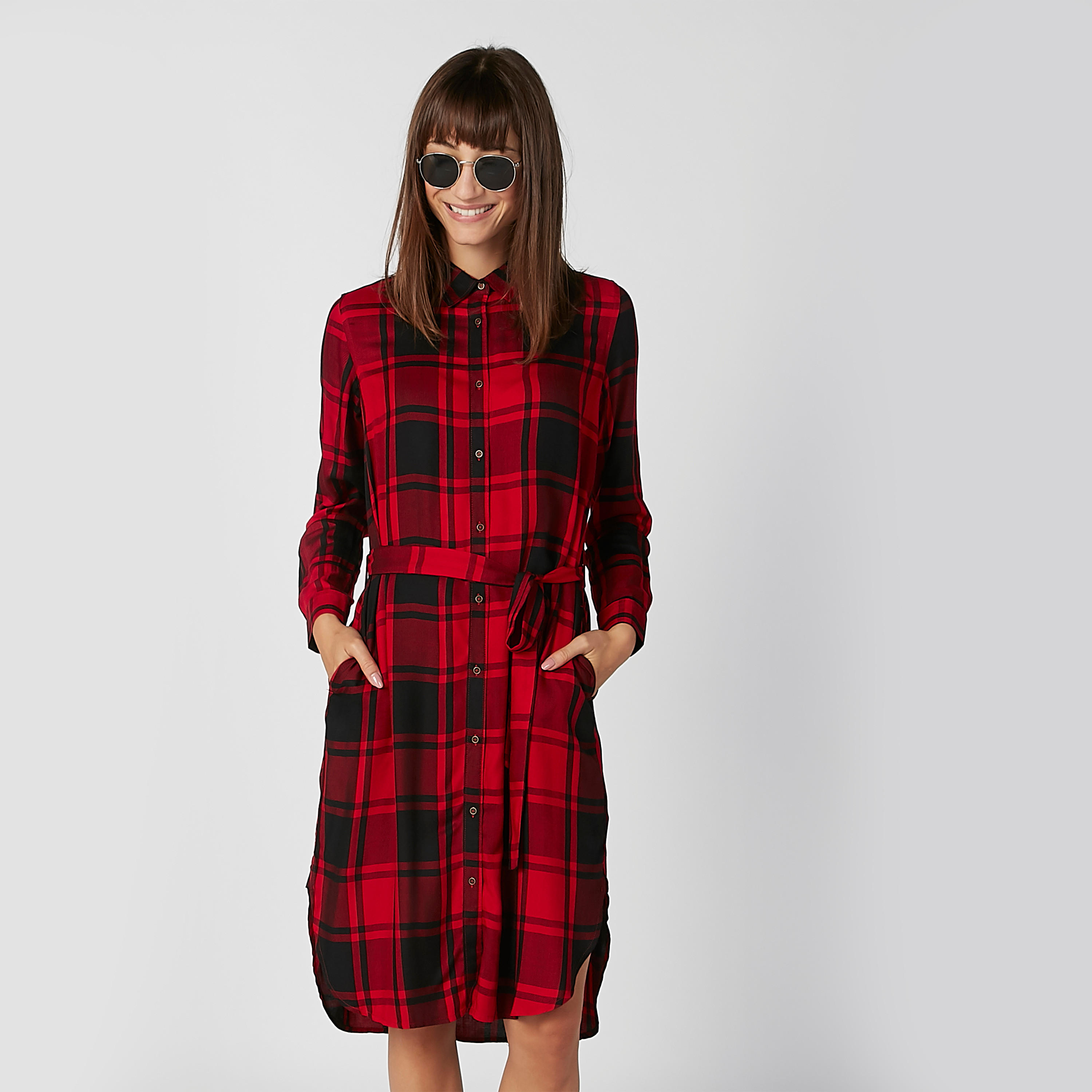 فستان قميص مستدام ميدي كاروهات بأكمام طويلة-women-clothing-dresses-image-1