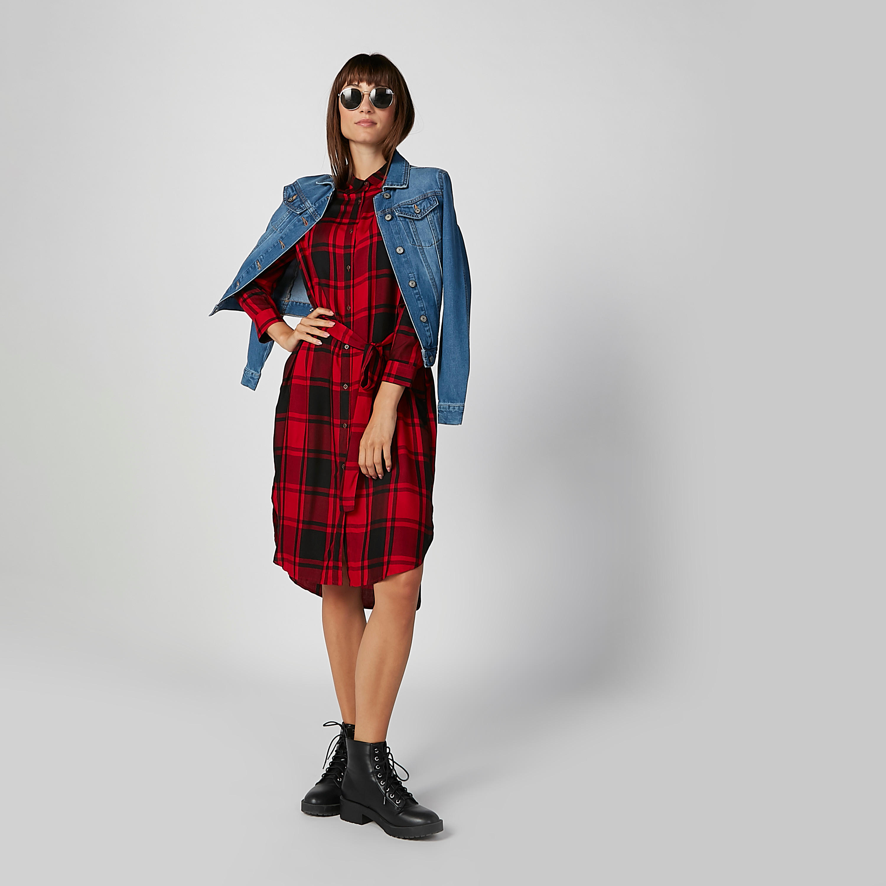 فستان قميص مستدام ميدي كاروهات بأكمام طويلة-women-clothing-dresses-image-2
