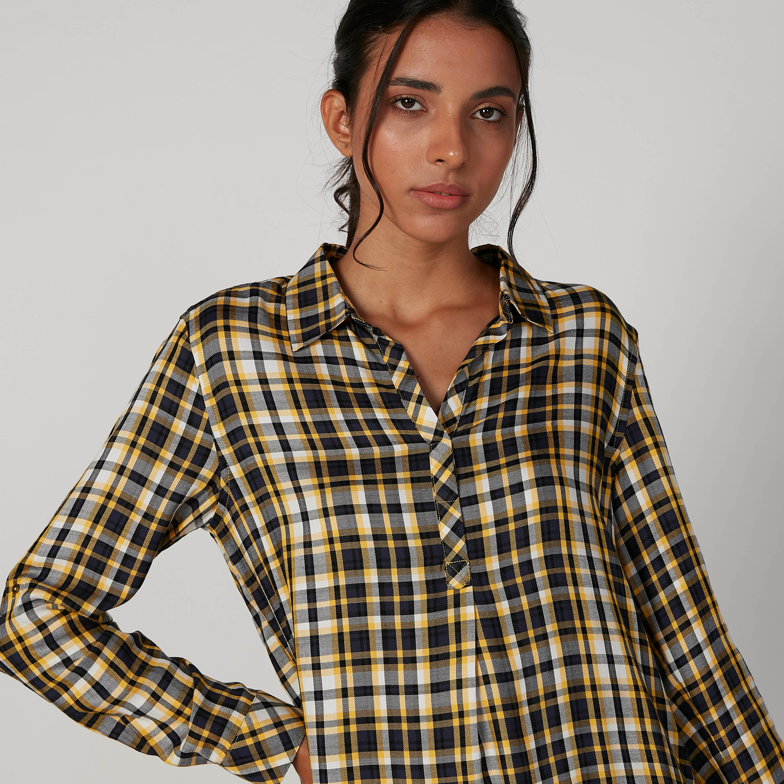 تونيك مستدامة كاروهات بياقة عاديّة وأكمام طويلة -women-clothing-shirtsandblouses-blouses-image-5