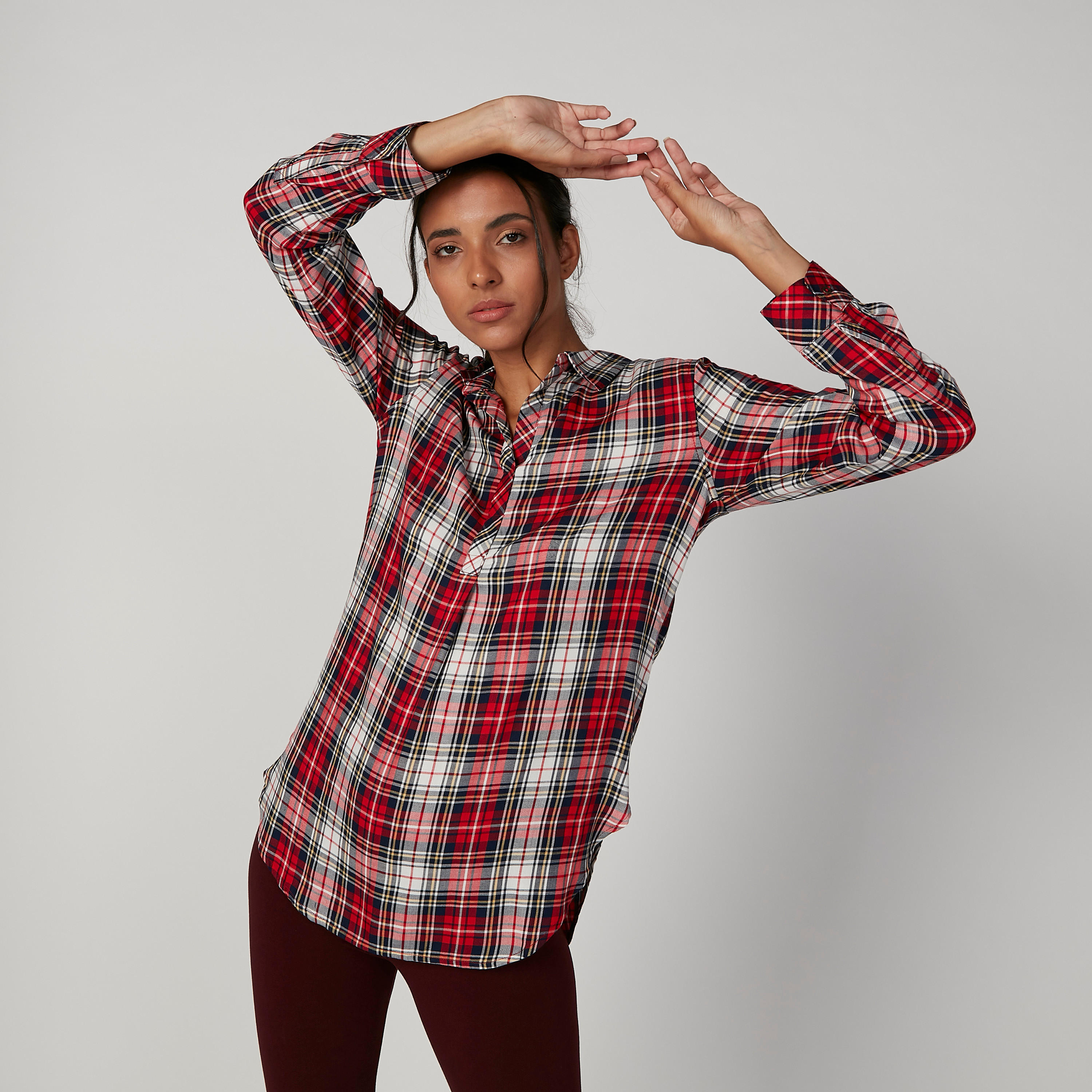 تونيك مستدام كاروهات بياقة عاديّة وأكمام طويلة-women-clothing-shirtsandblouses-blouses-image-1