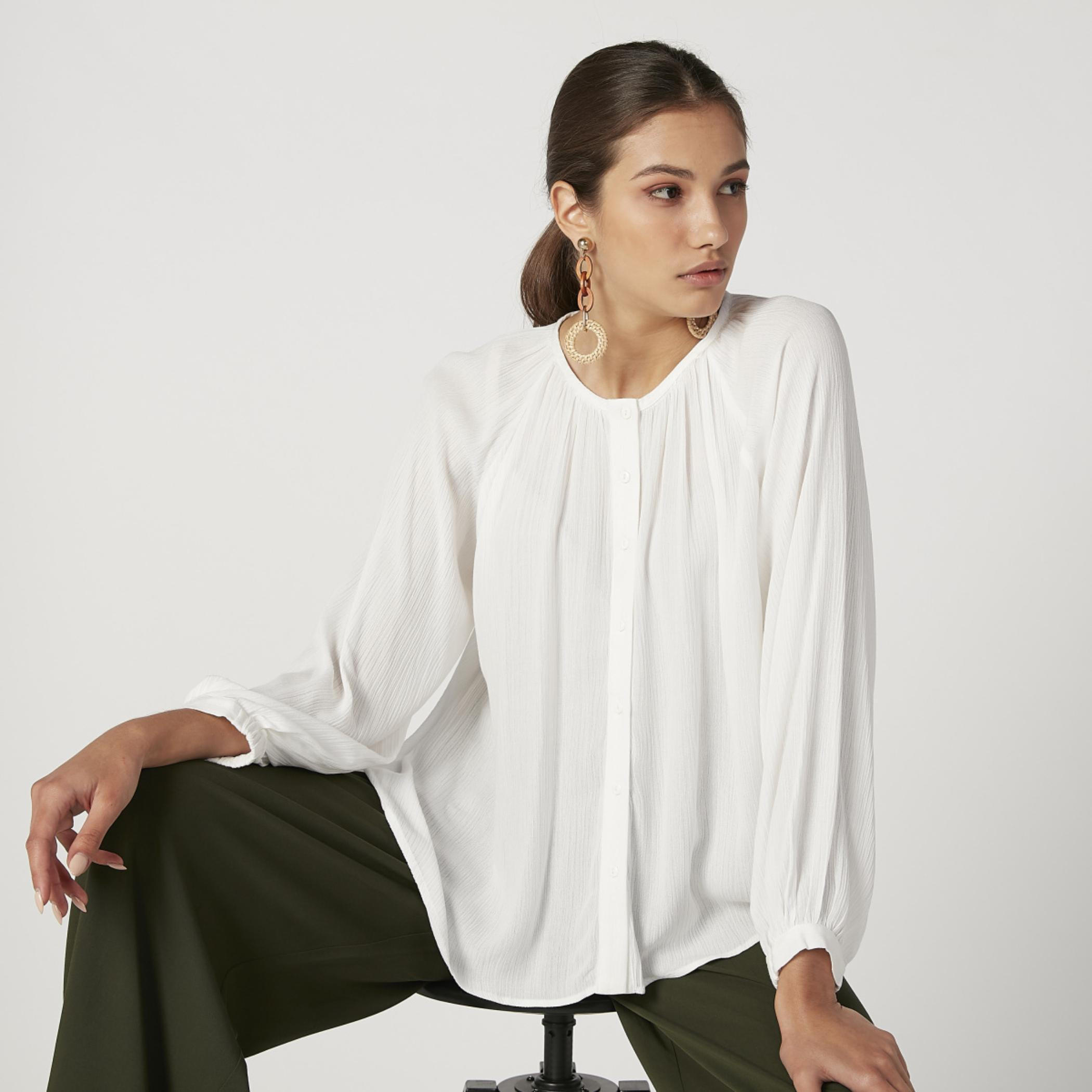 Plain Shirt with Round Neck and Long Sleeves-women-clothing-shirtsandblouses-shirts-image-1