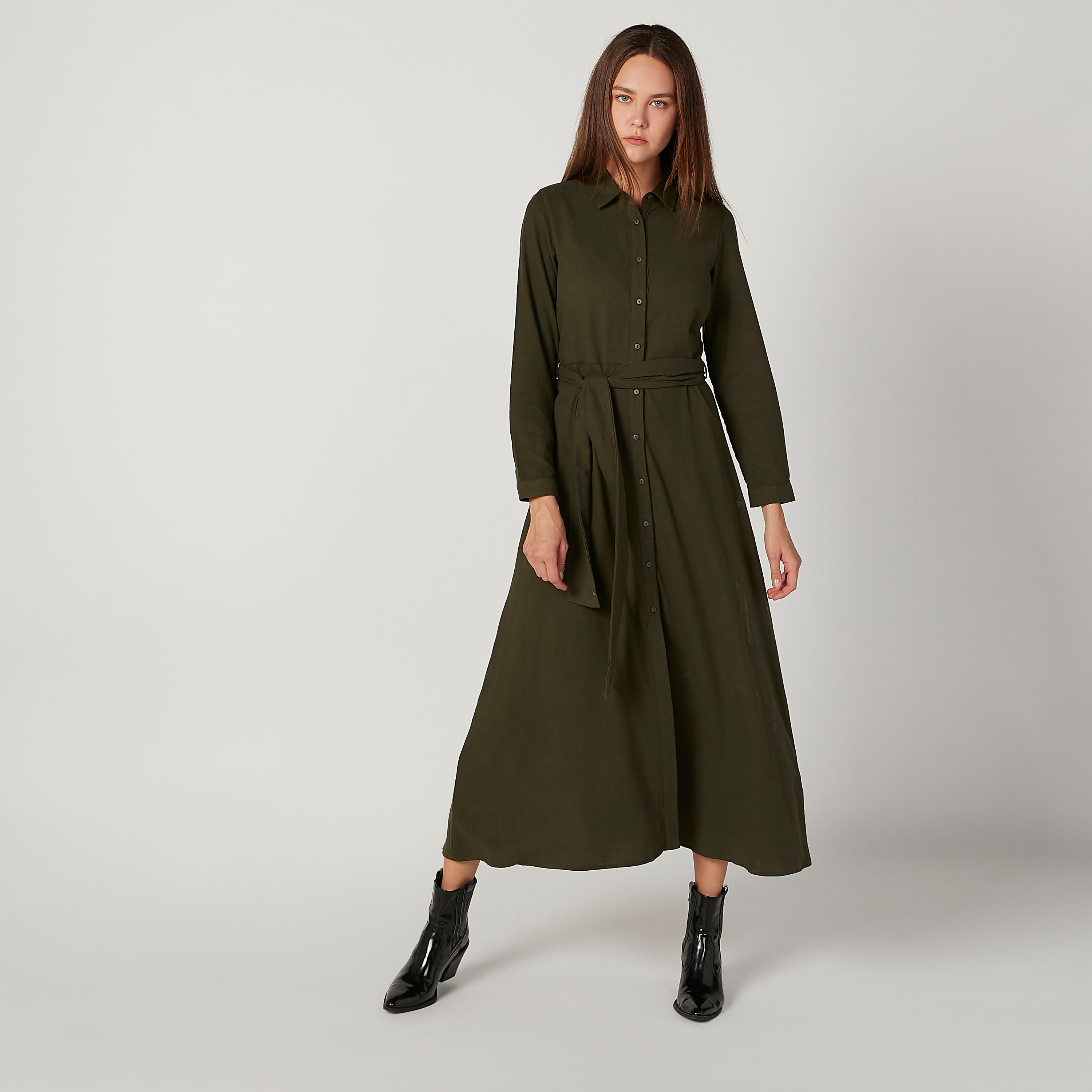 فستان قميص مستدام طويل إيه لاين سادة بأكمام طويلة -women-clothing-dresses-image-1