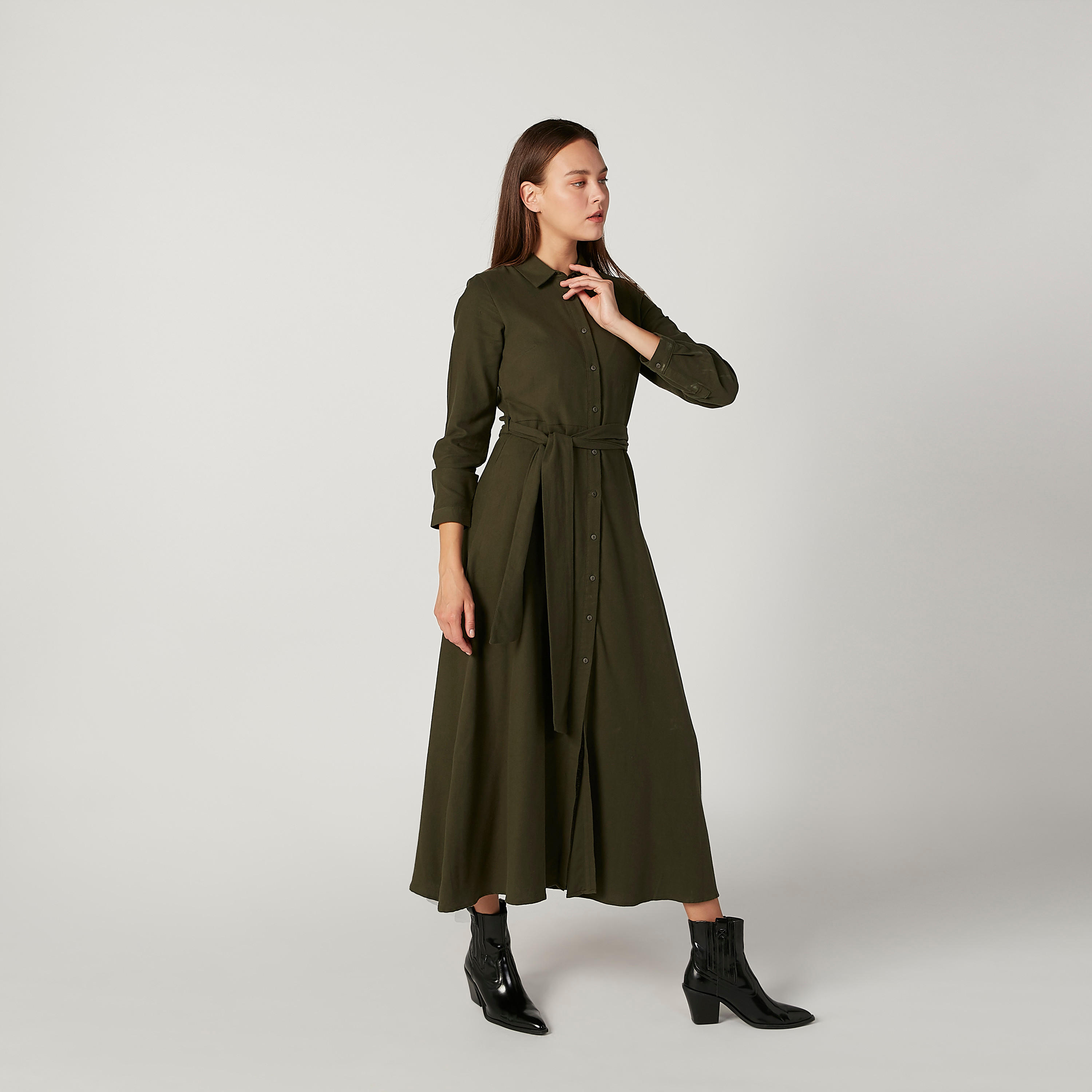 فستان قميص مستدام طويل إيه لاين سادة بأكمام طويلة -women-clothing-dresses-image-2