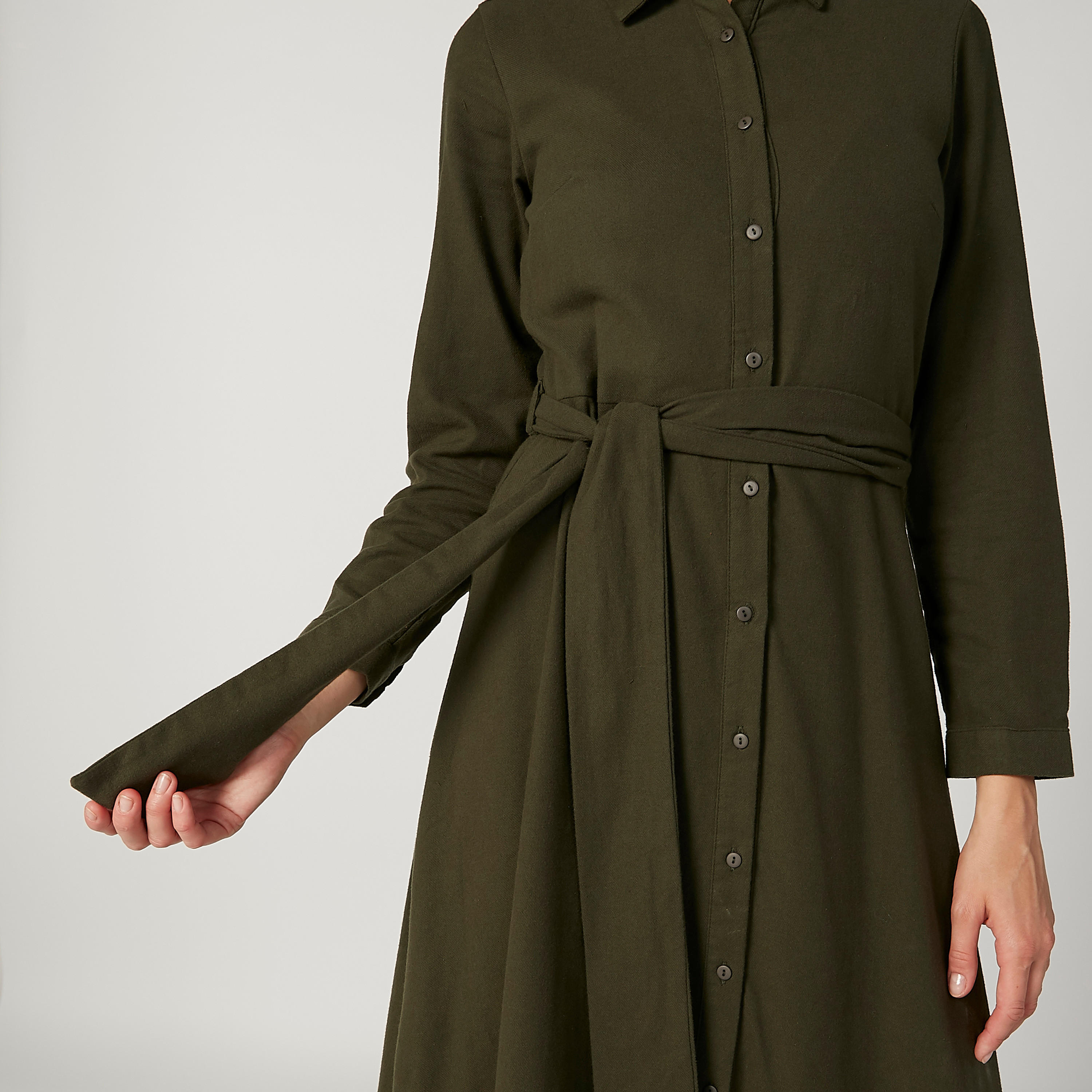 فستان قميص مستدام طويل إيه لاين سادة بأكمام طويلة -women-clothing-dresses-image-3