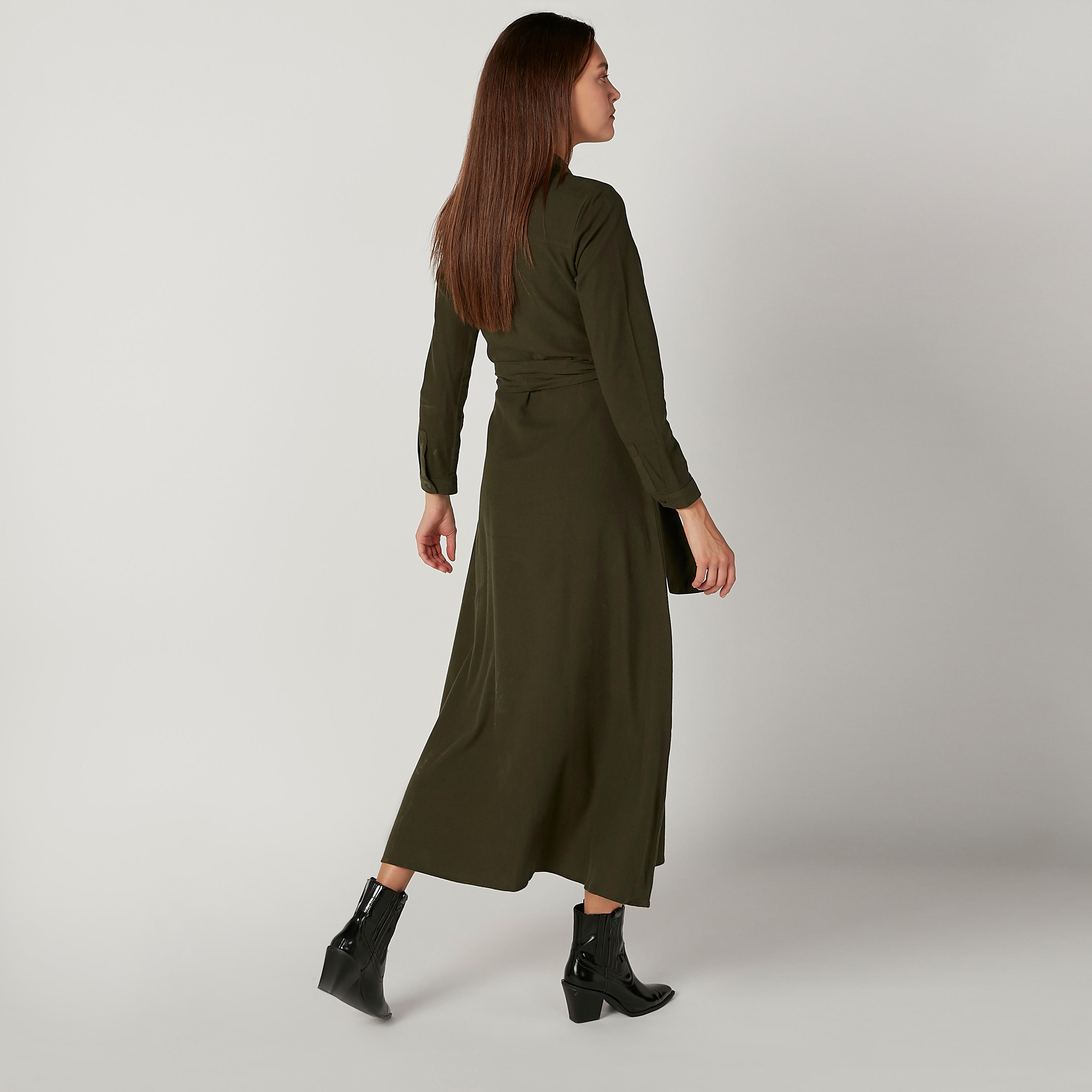 فستان قميص مستدام طويل إيه لاين سادة بأكمام طويلة -women-clothing-dresses-image-4