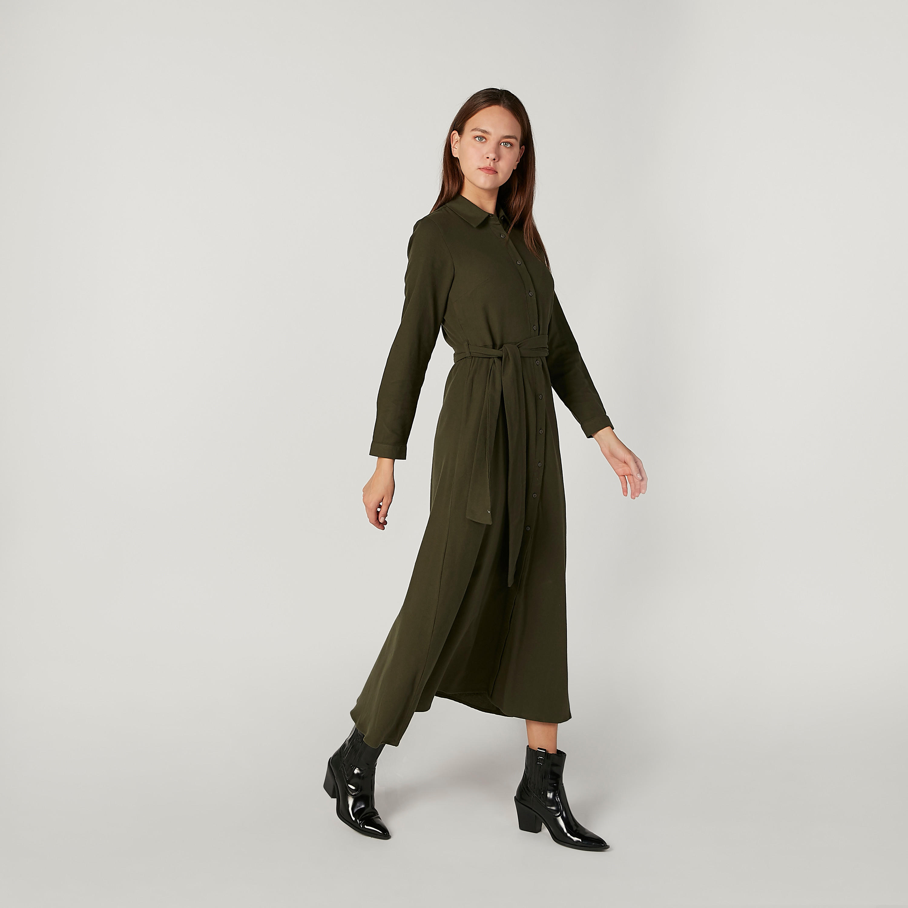 فستان قميص مستدام طويل إيه لاين سادة بأكمام طويلة -women-clothing-dresses-image-5