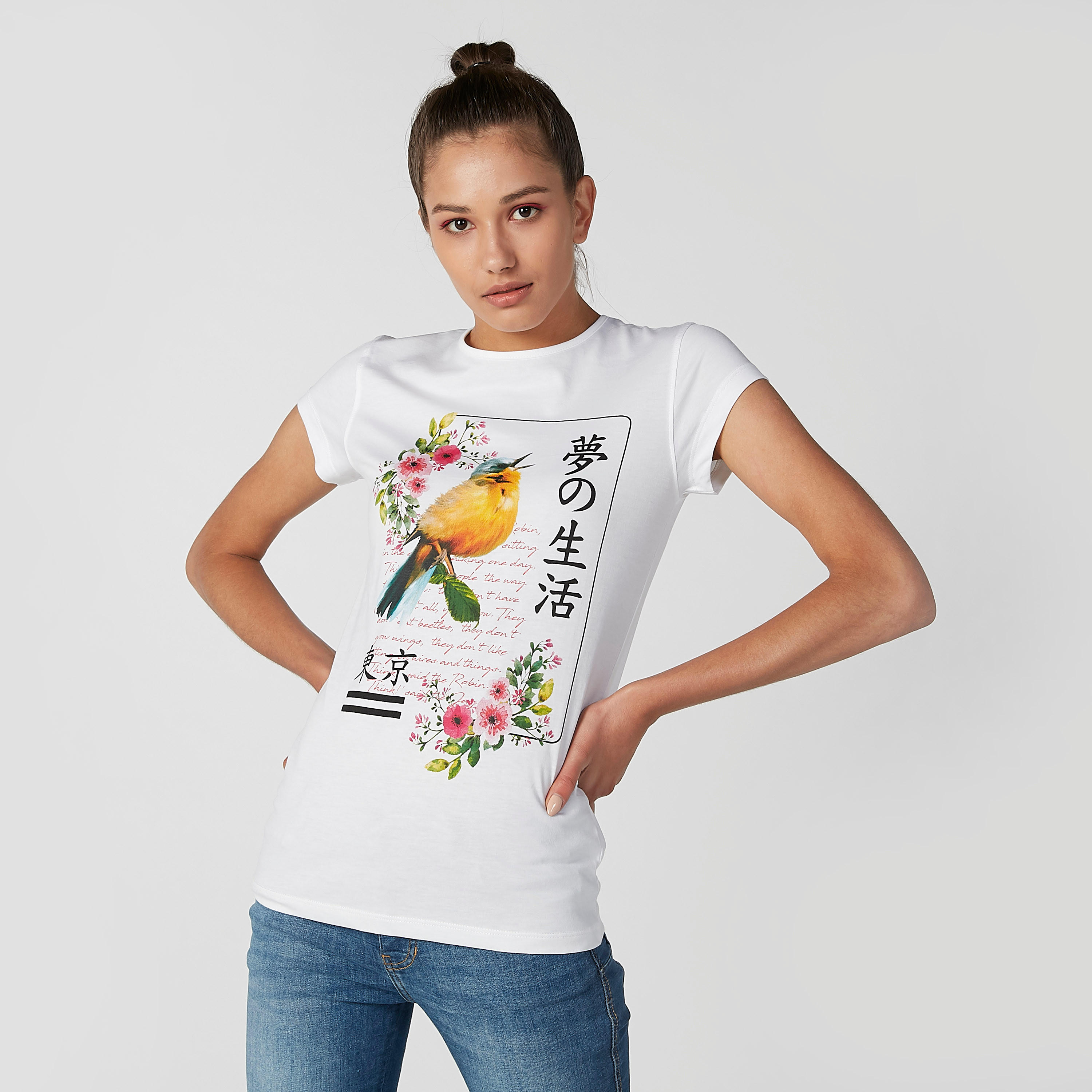 تيشيرت مستدام سليم بياقة مستديرة وأكمام كاب وطبعات -women-clothing-tshirts-image-1