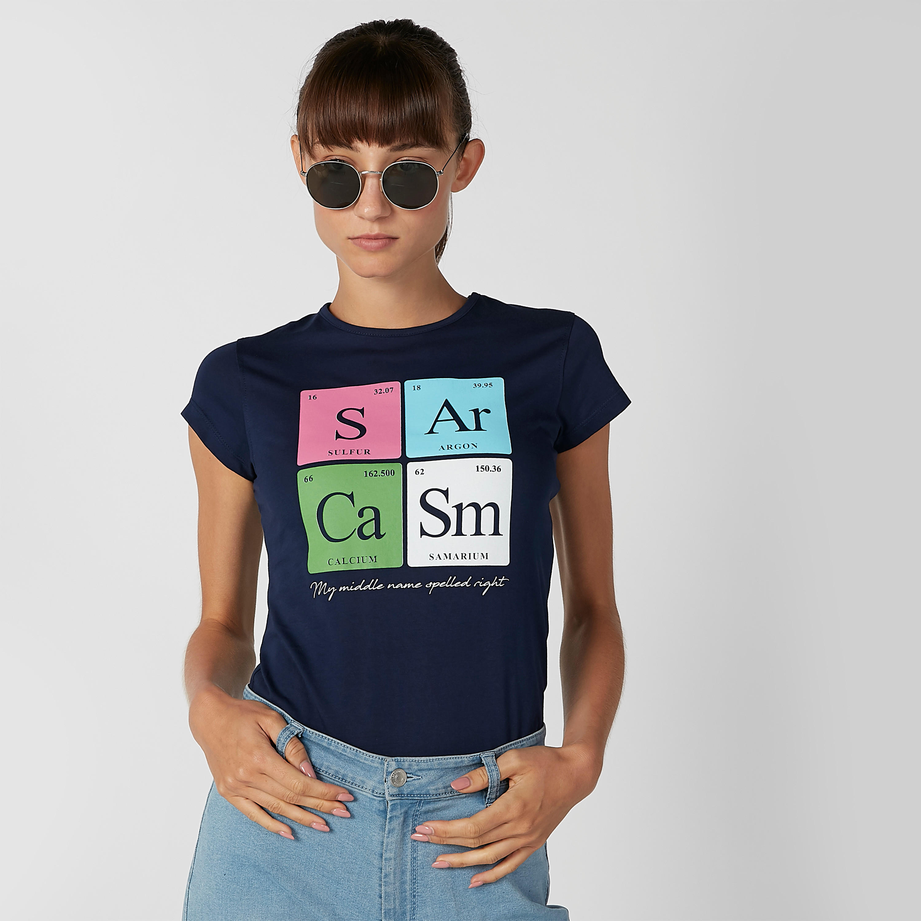تيشيرت مستدام سليم بياقة مستديرة وأكمام كاب وطبعات -women-clothing-tshirts-image-1